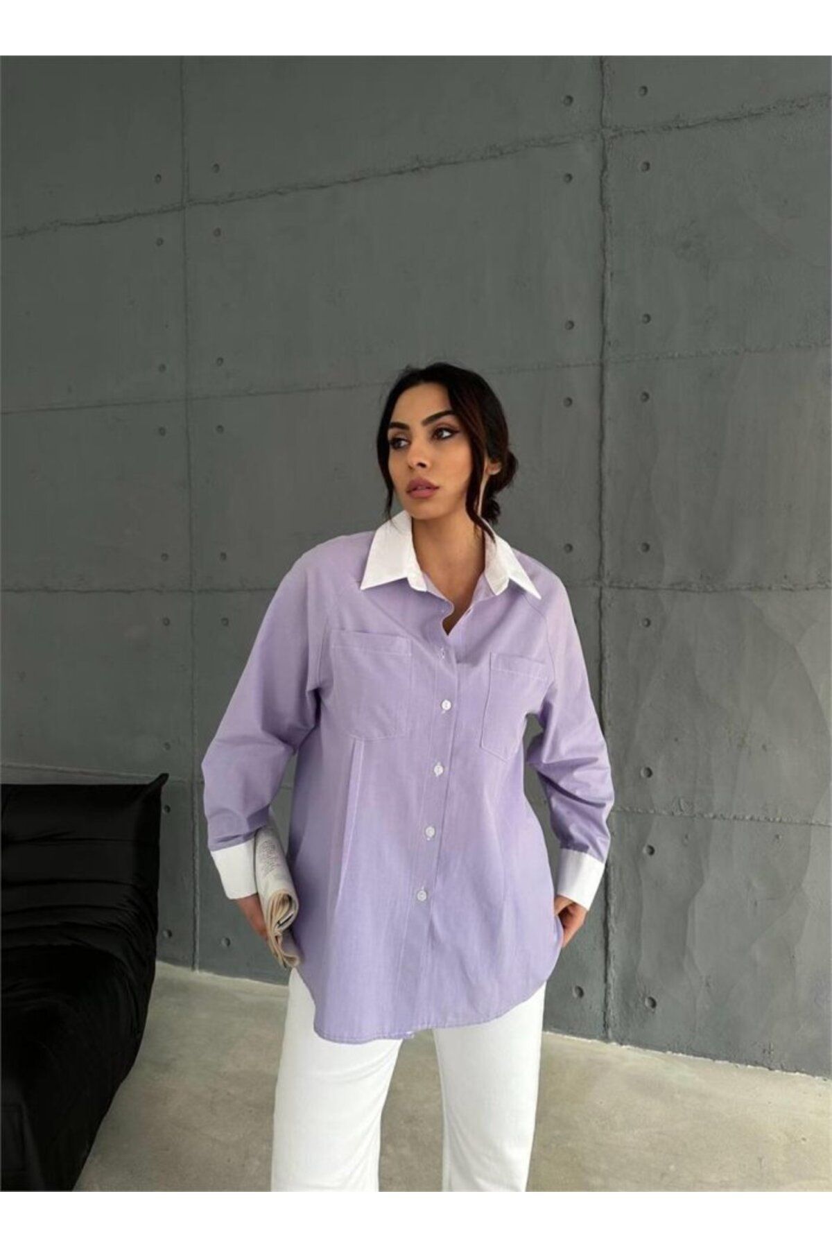 ETİLER COLLECTION KOL VE MANŞET BEYAZ KAPALI PİLE DETAYLI GÖMLEK - Lila