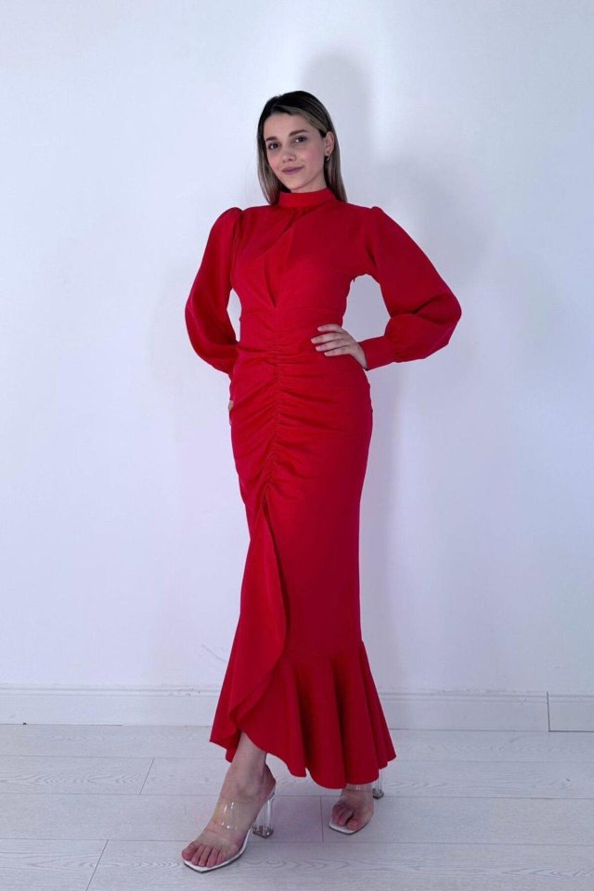 ETİLER COLLECTION Kırmızı Volanlı Uzun Kol Elbise