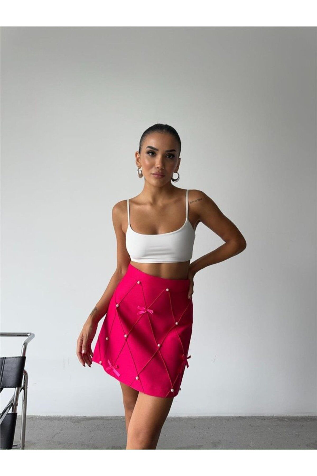 ETİLER COLLECTION İNCİ KURDELE DETAYLI KISA ETEK - Fuşya