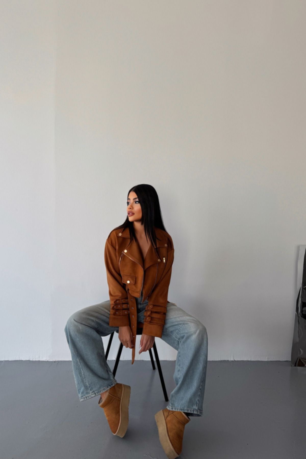 ETİLER COLLECTION SÜET CROP CEKET KOL 3 KEMER DETAYLI - Taba