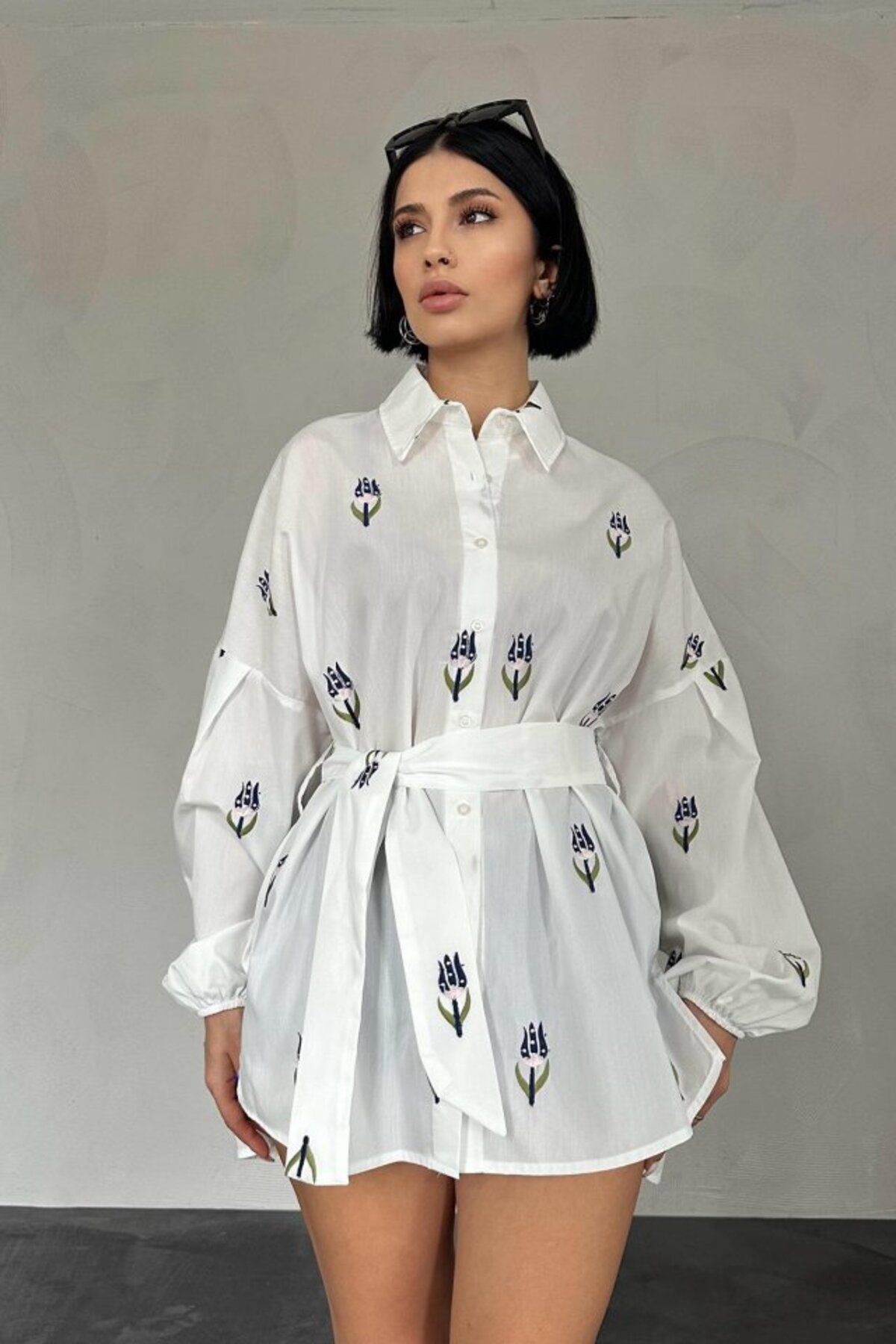 ETİLER COLLECTION Lacivert Vual Metraj Nakış Kuşaklı Gömlek