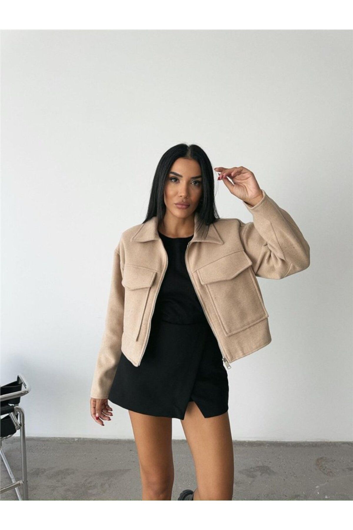 ETİLER COLLECTION KAŞE CROP CEKET ÖNDEN FERMUARLI - Bej