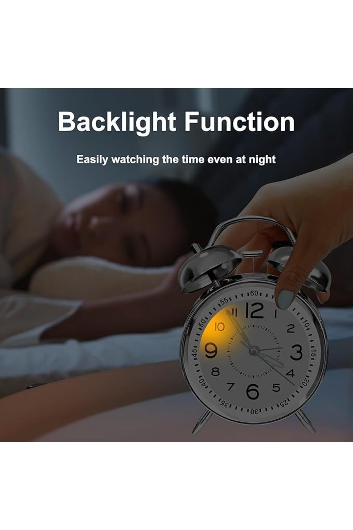 Other-Loud Battery-Operated Twin Bell Alarm Clock, Backlight, Snooze Function,(Silver,4") 3