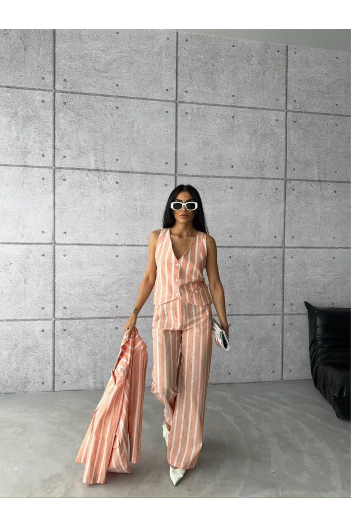 ETİLER COLLECTION ÇİZGİLİ KETEN YELEK-PANTOLON TAKIM - Orange