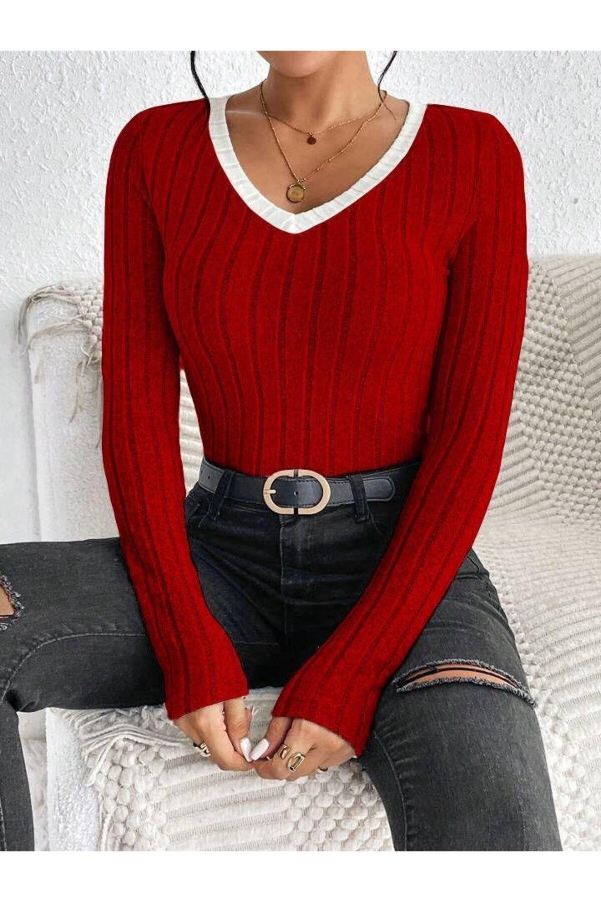 ETİLER COLLECTION Kadın Uzun Kollu V Yaka Ribana Detay Fitilli Kaşkorse Kumaş Bluz