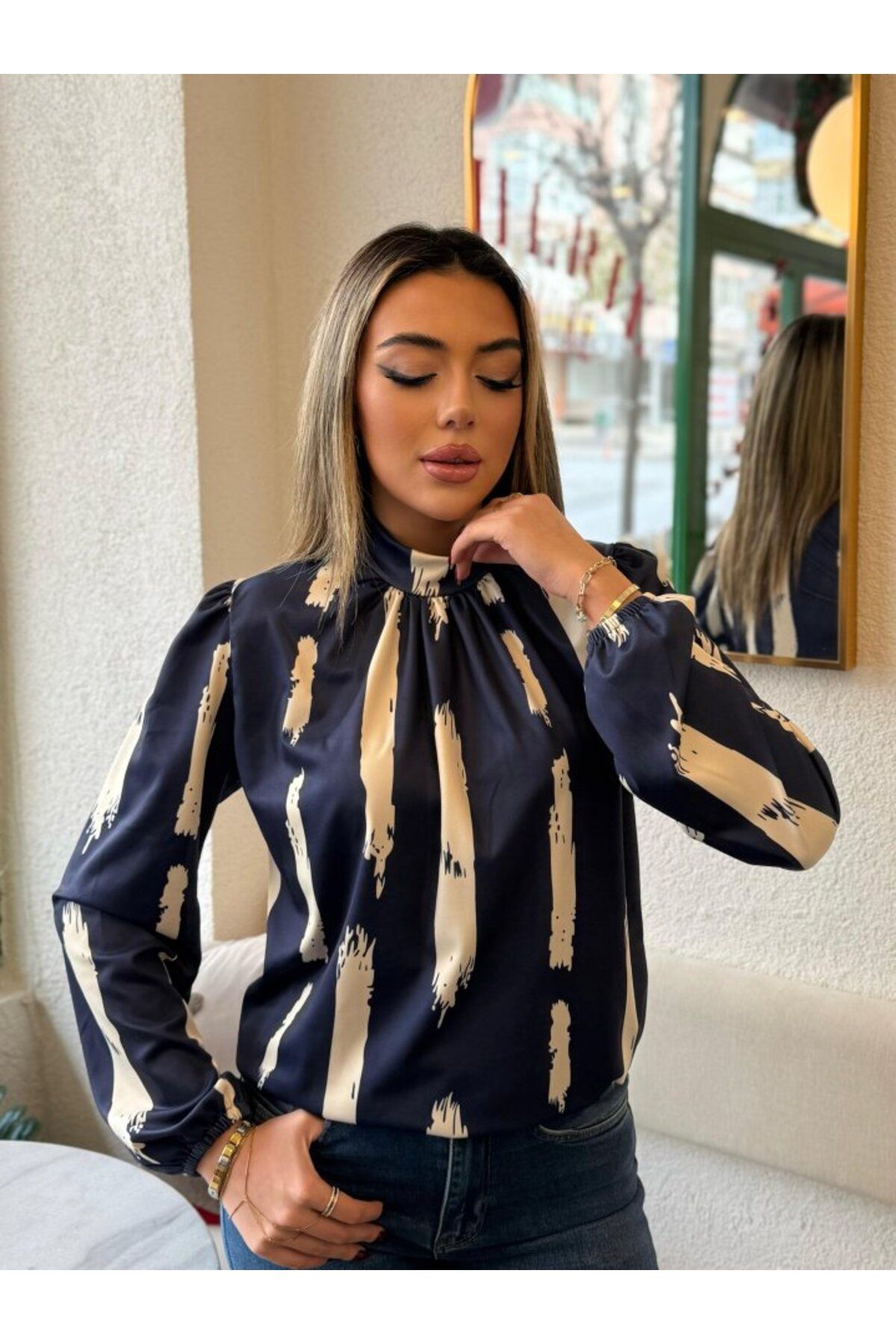 ETİLER COLLECTION Kadın Uzun Kollu Balıkçı Yaka Desenli Dalgıç Bluz
