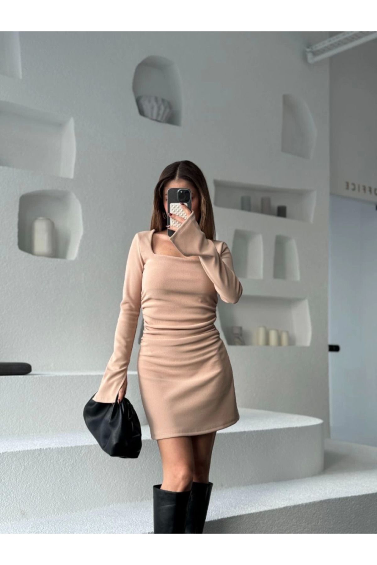 ETİLER COLLECTION Kare Yaka Mını Boy Fitilli Elbise - Bej