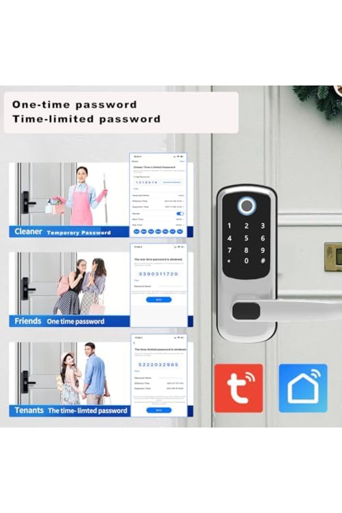 UanTii-قفل ذكي Tuya Wifi، قفل باب بدون مفتاح 5 في 1، قفل باب رقمي بمزلاج واحد مع بصمة الإصبع 6
