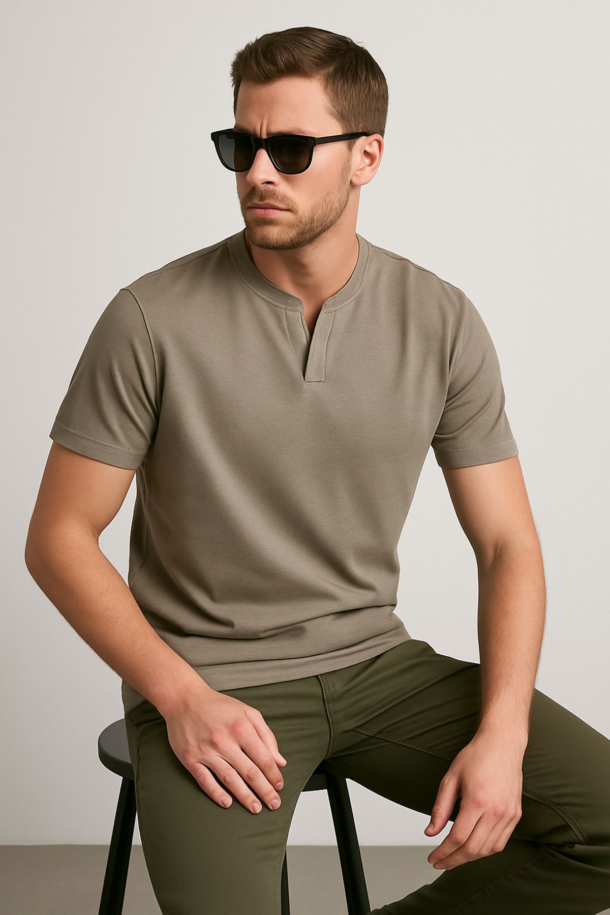 UOMOPARK 2124 Henley Tişört Kahverengi Düğme Detaylı Basic Casual T shirt