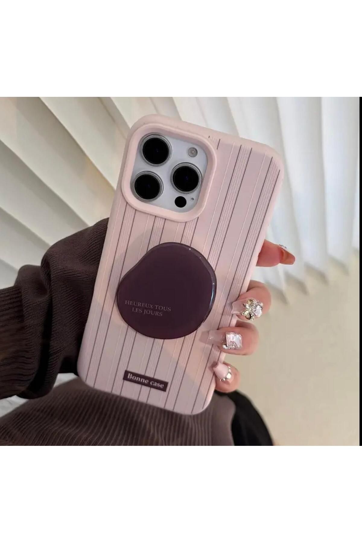 Burroe Atalier İphone14PROMAXpembeüzerinekahvedikeyçizgilivekahveçekirdeğitutucuaparatlıtelefonkılıfı
