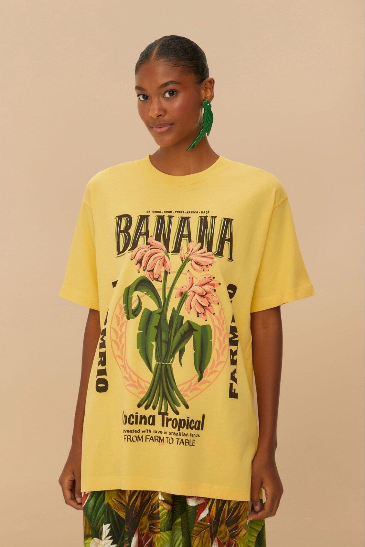 The Champ Clothing Kadın Sarı Oversize Banana Yazılı Tropikal Desenli Yazlık Tişört