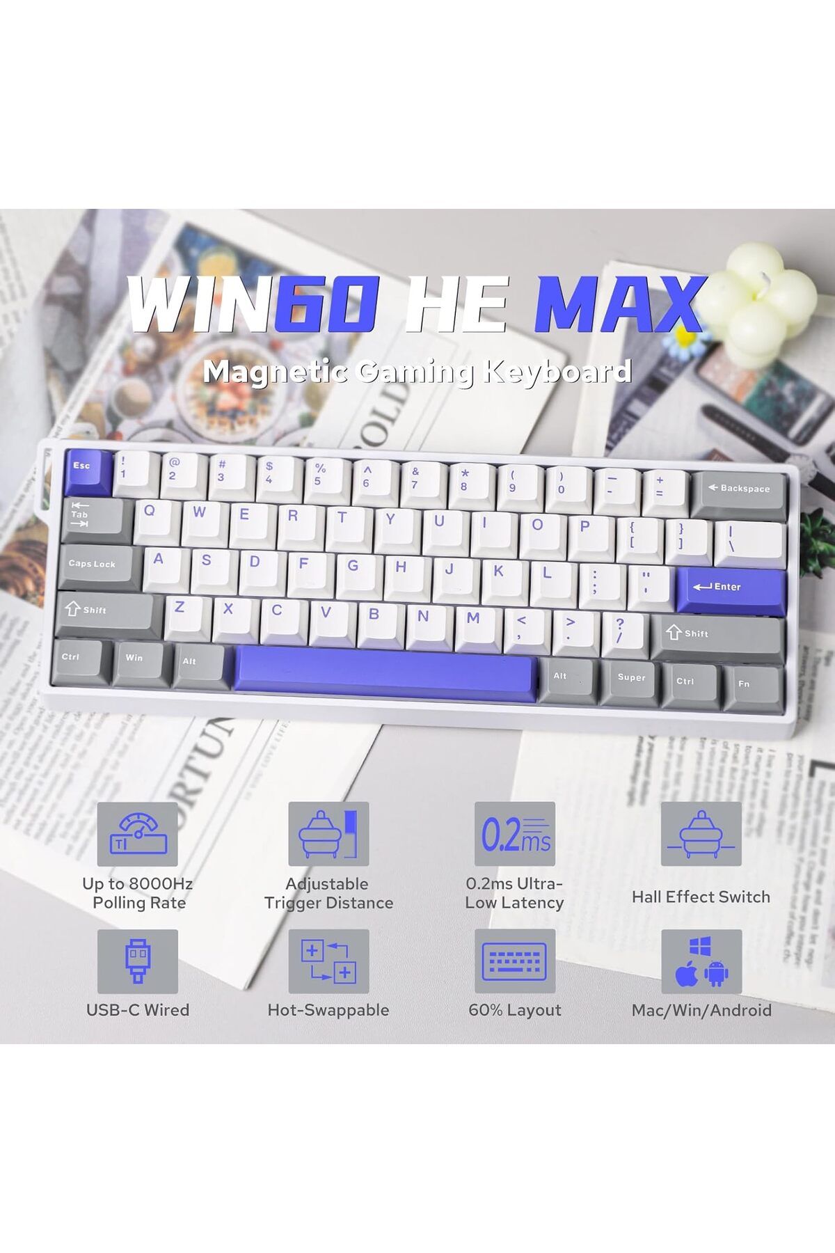Epomaker-لوحة مفاتيح مغناطيسية سلكية AULA WIN60 HE 60% مع تشغيل قابل للتعديل، ومعدل استطلاع 8000 هرتز، 3