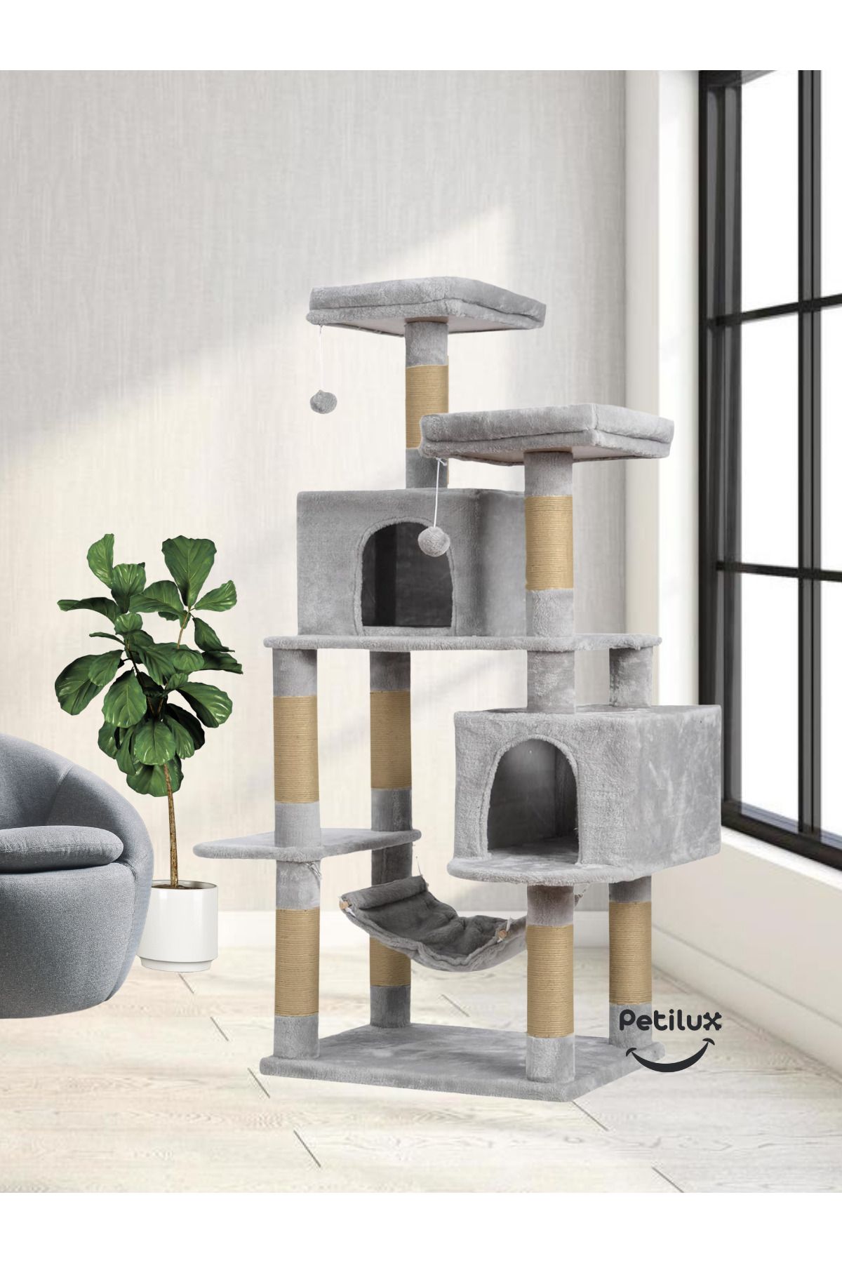Petilux-Double Slot Luxury Large Size Scratching Cat Play House with Hammock Cat Scratching 2