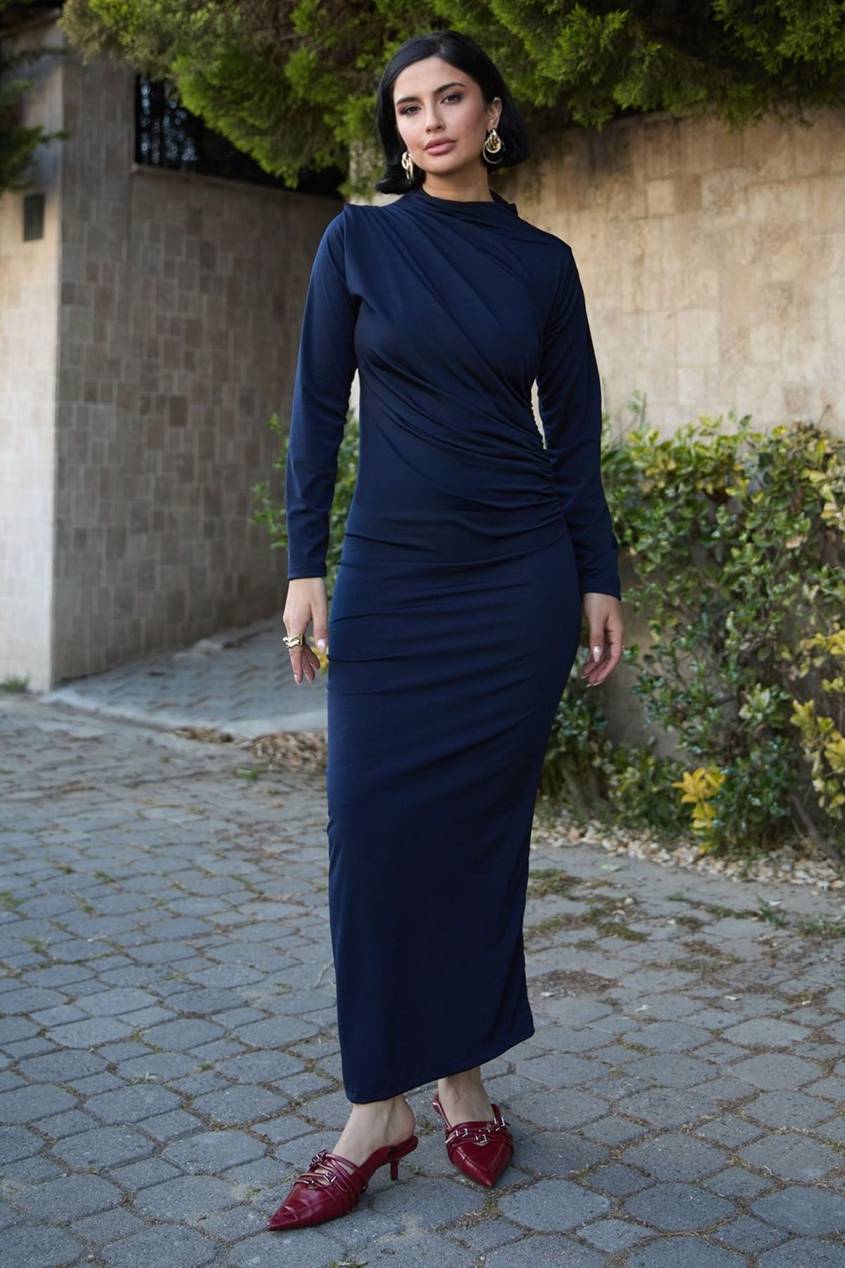 InStyle Büzgülü Sandy Lacivert Elbise