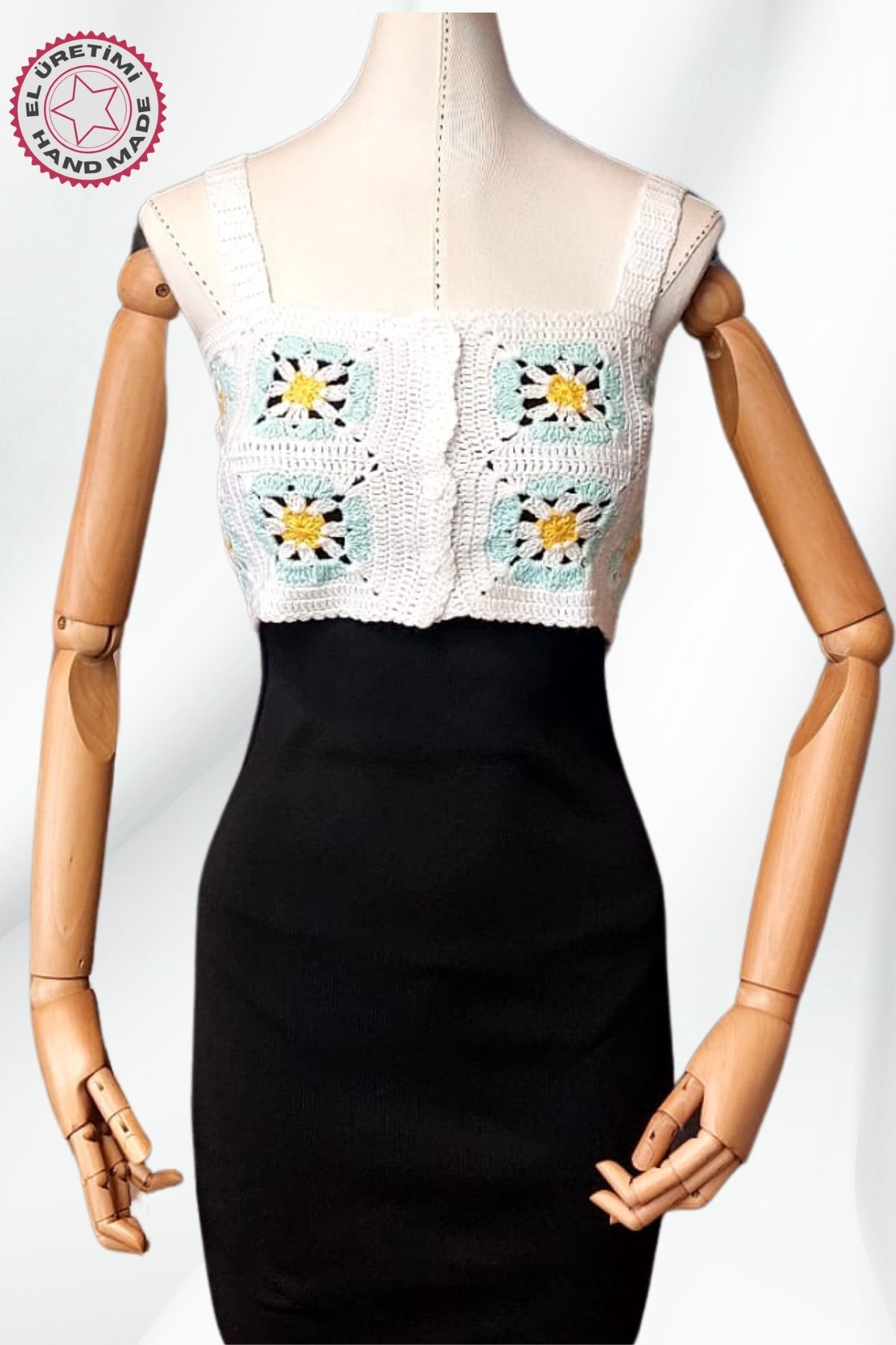Uretti - Yıldız 7202 4612 El Örgüsü Yazlık Beyaz Kadın Büstiyer / Crop Bluz - 36/38/40 - Turkuaz