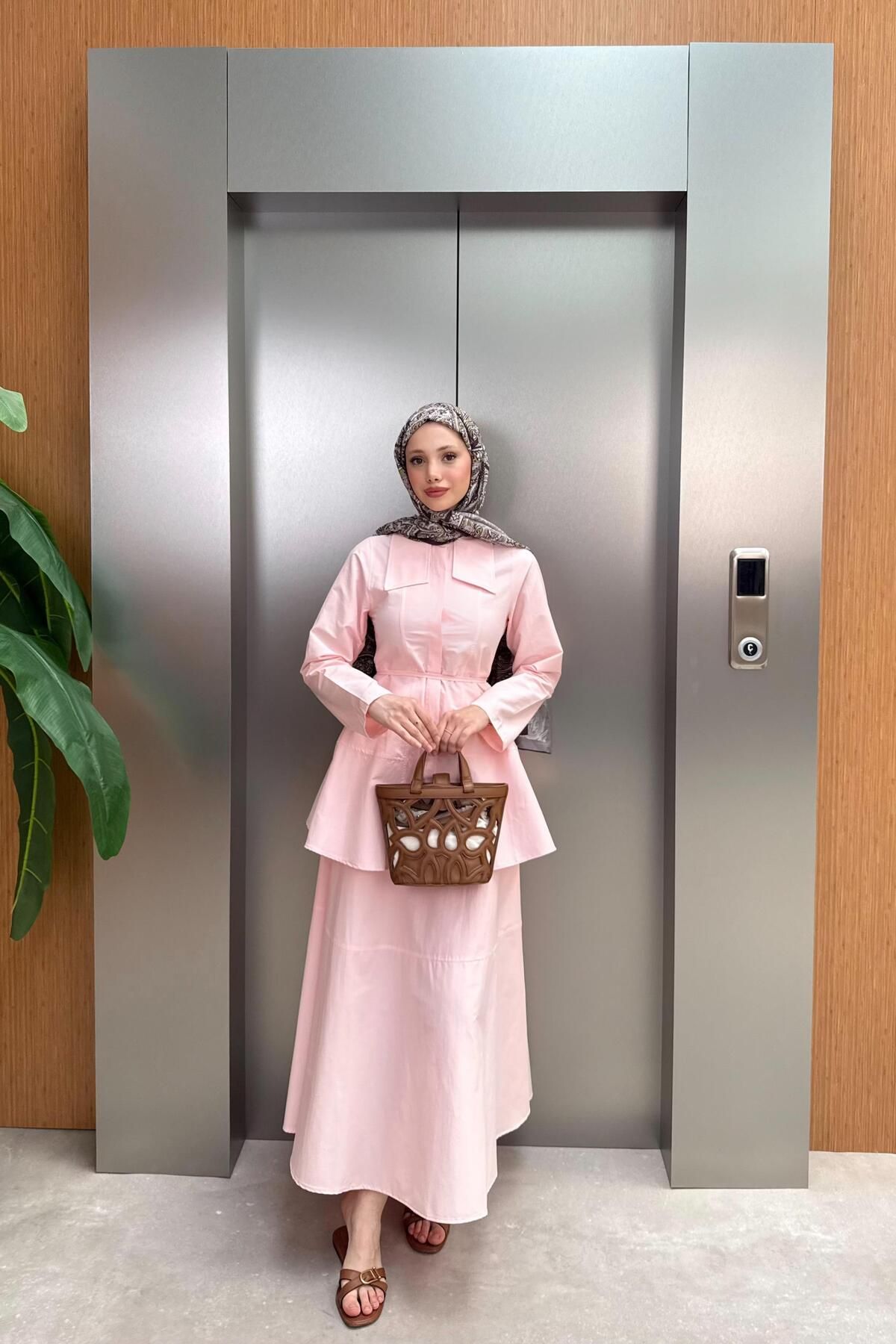 QUQA Belden Oturtmalı Etekli Takım - Pembe