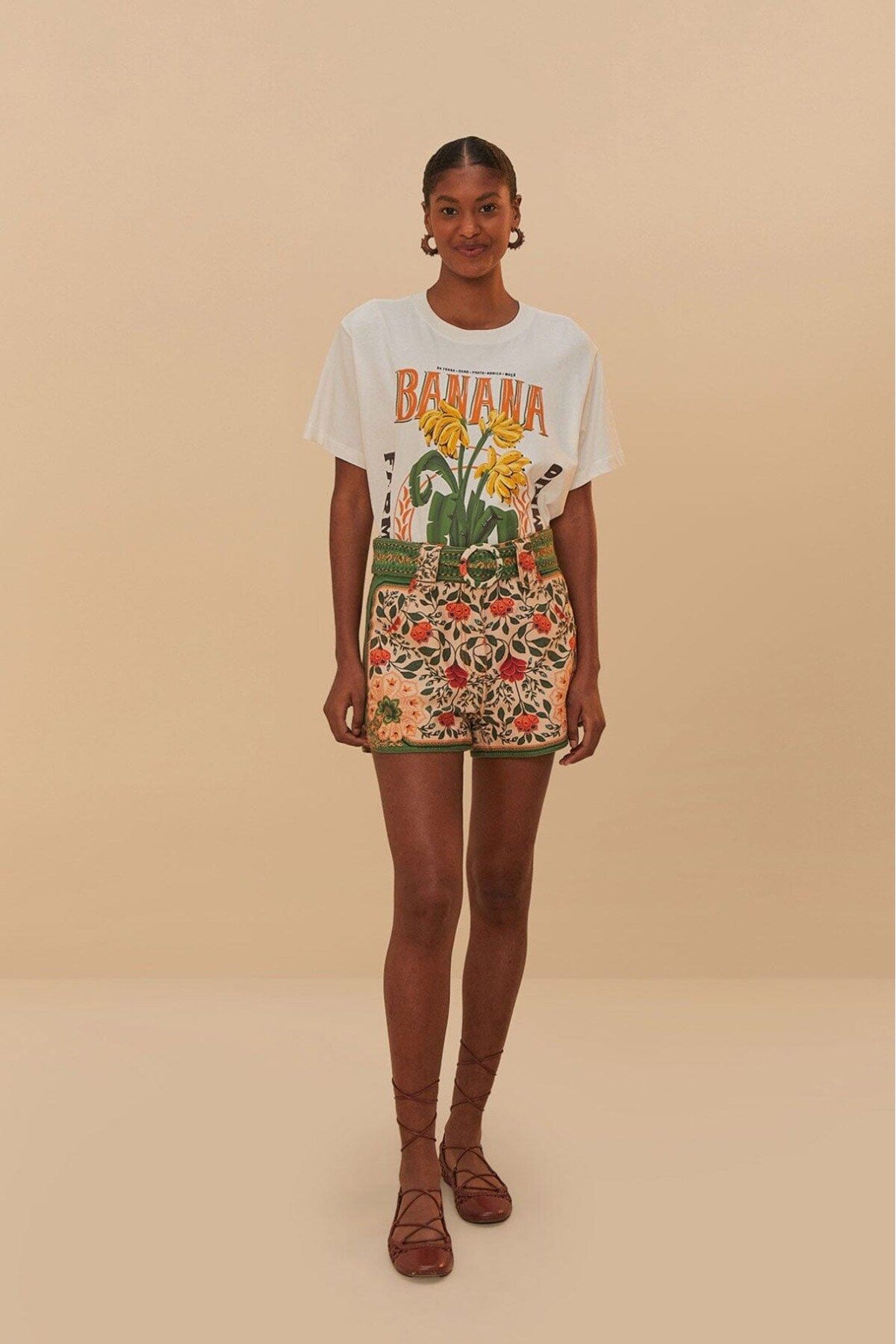 The Champ Clothing Kadın Beyaz Oversize Banana Yazılı Tropikal Desenli Yazlık Tişört