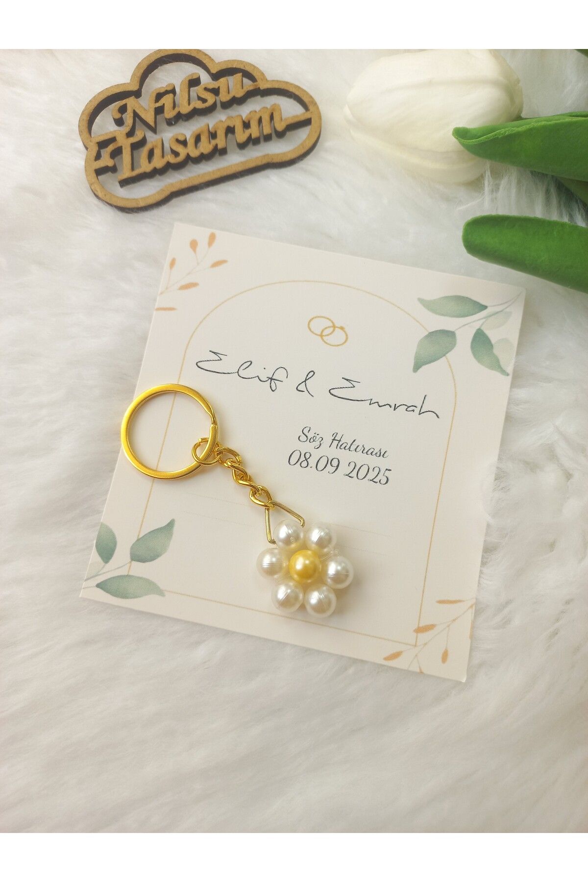 Nilsu Tasarım 15 Adet Papatya Anahtarlık-Kişiye Özel Kart-Söz-Nişan-Kına-Nikah-Düğün Hediyelik