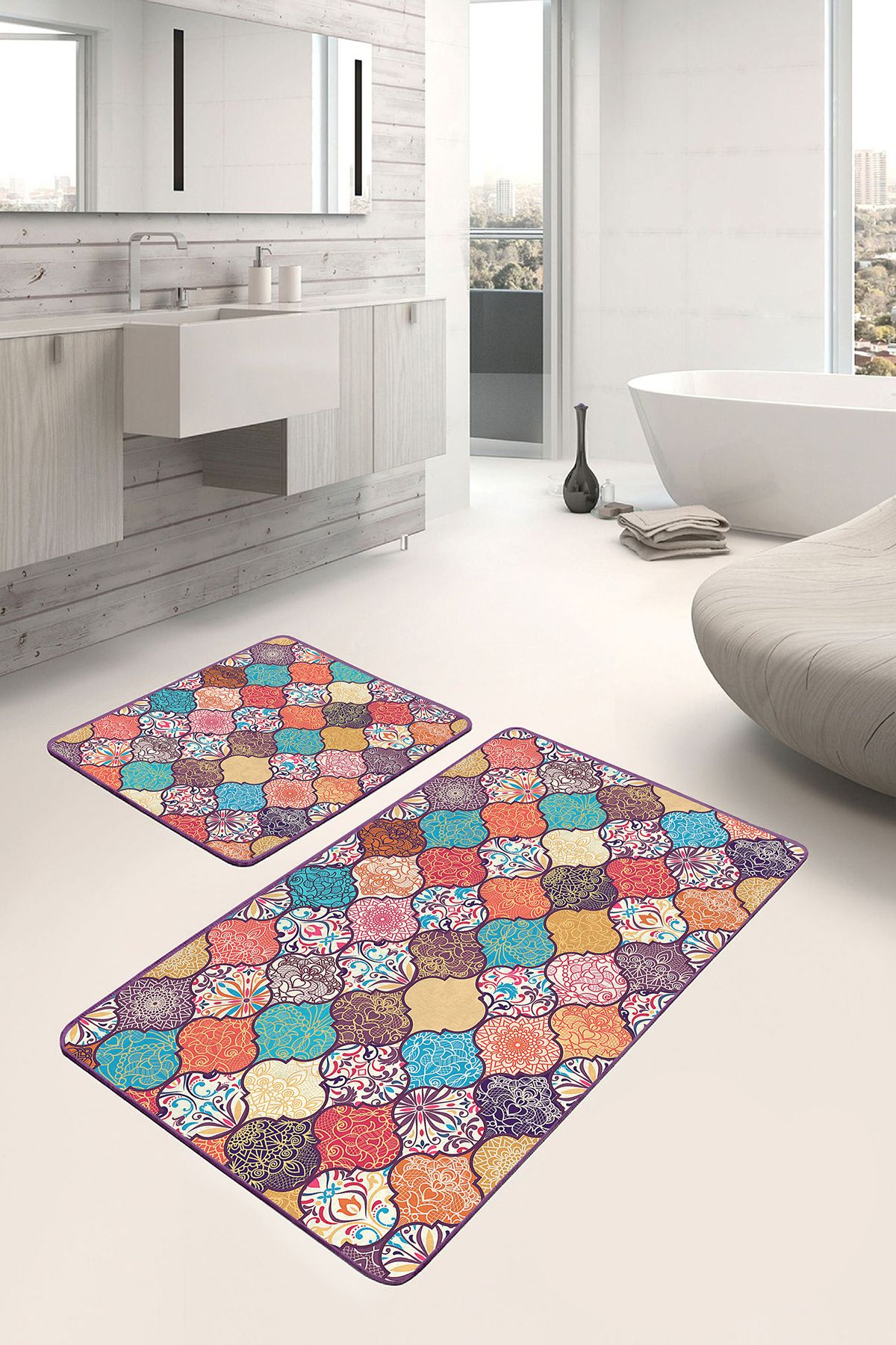Realhomes Çok Renkli Zeminde Patchwork Motifli Geleneksel Geometrik Klasik 2'li Banyo & Mutfak Paspas Takımı