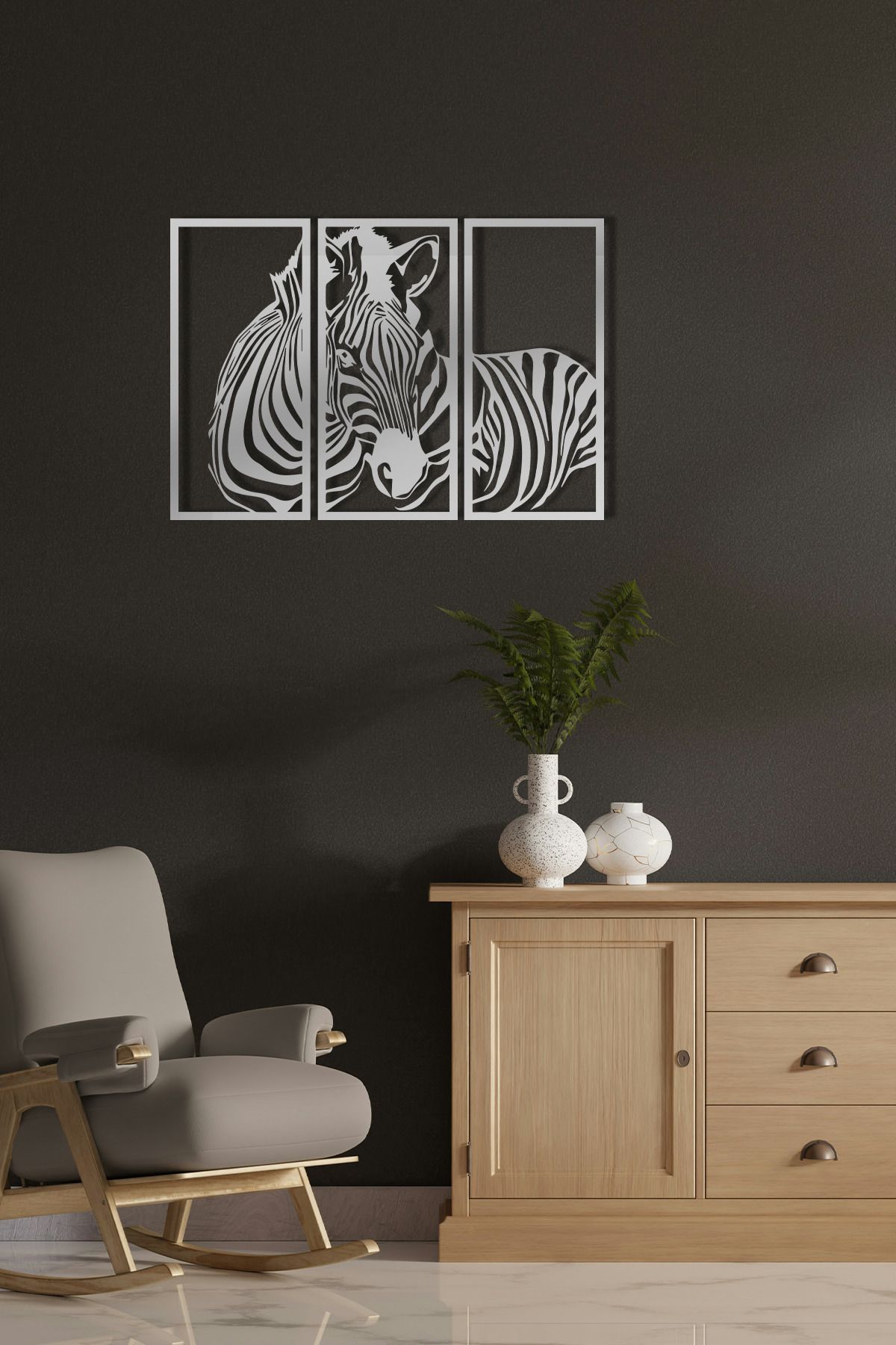 cncrafft Zebra Metal Tablo – Modern 3 Parça Hayvan Figürü Duvar Dekoru