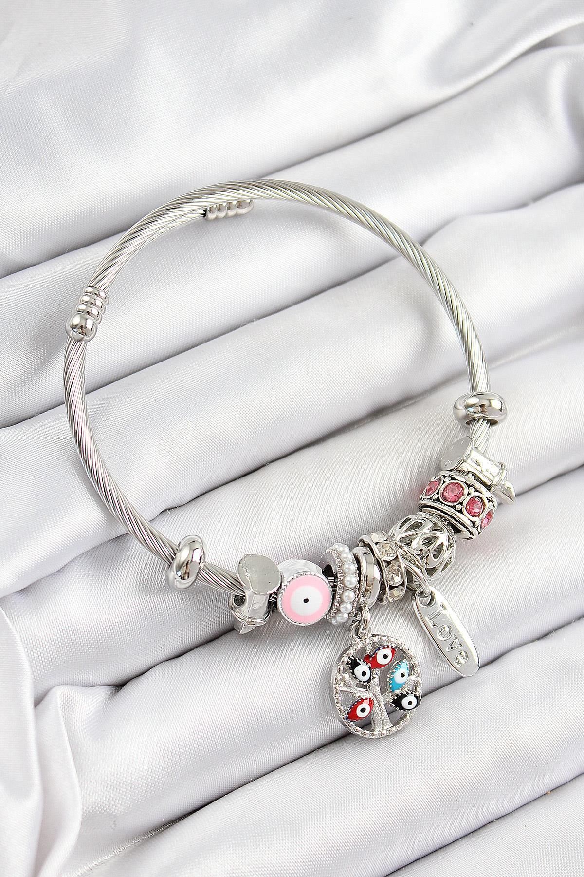 prativas 316L Çelik Pembe Nazarlı Zirkon Taşlı İnci Detaylı Hayat Ağacı Model Gümüş Renk Charm Bileklik