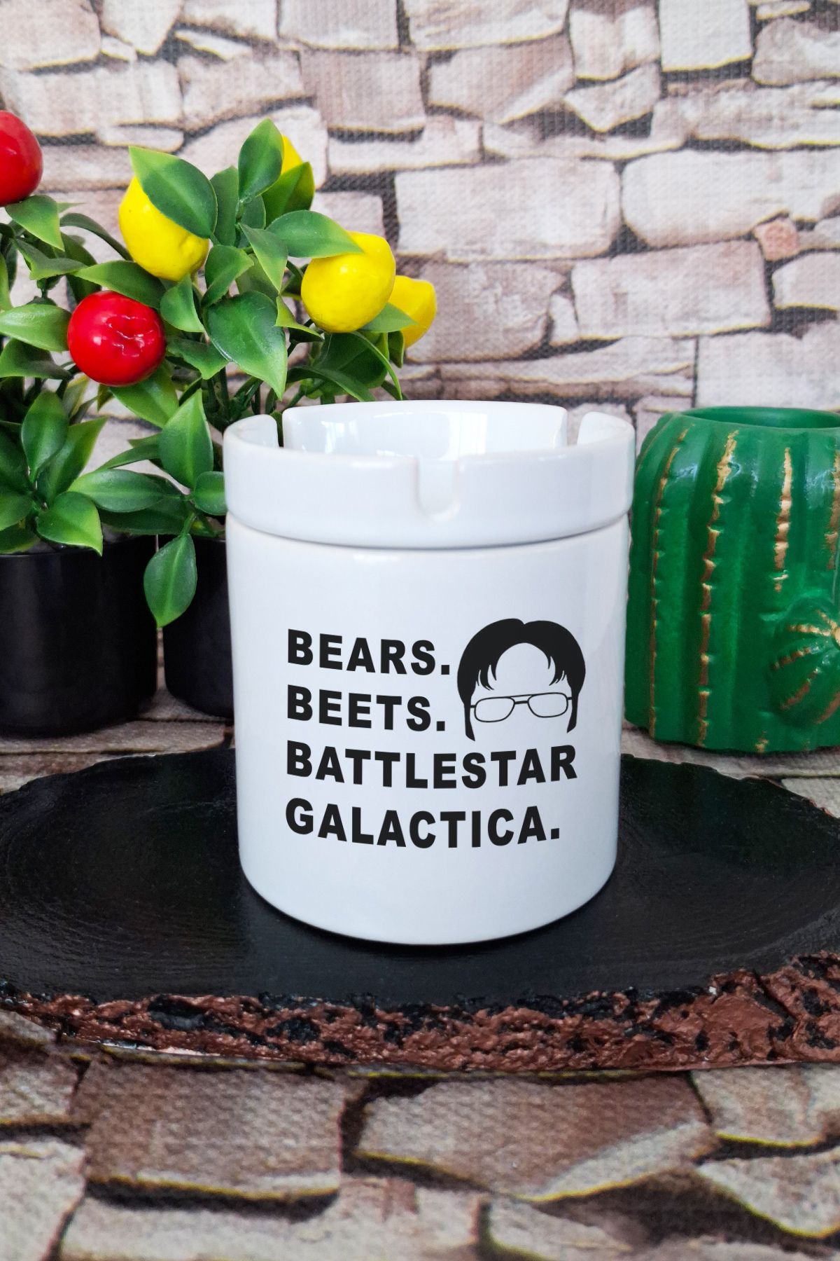qoeuyl boutique Bears Beets Battlestar Galactica Dwight Schrute The Office Baskılı Seramik Kapaklı Kokusuz Küllük