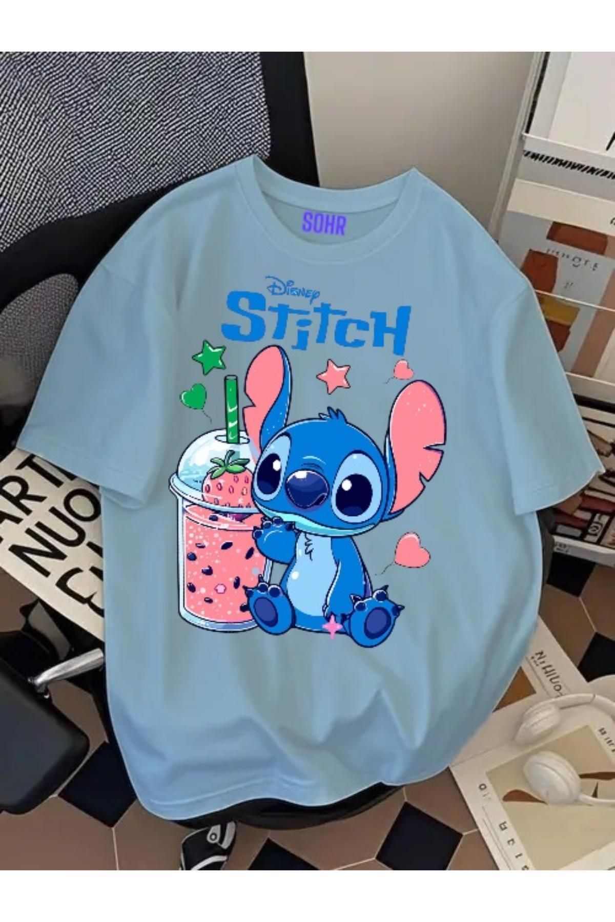 SOHR Unisex Erkek/Kadın Stitch Renkli Baskılı Oversize Pamuklu T-Shirt