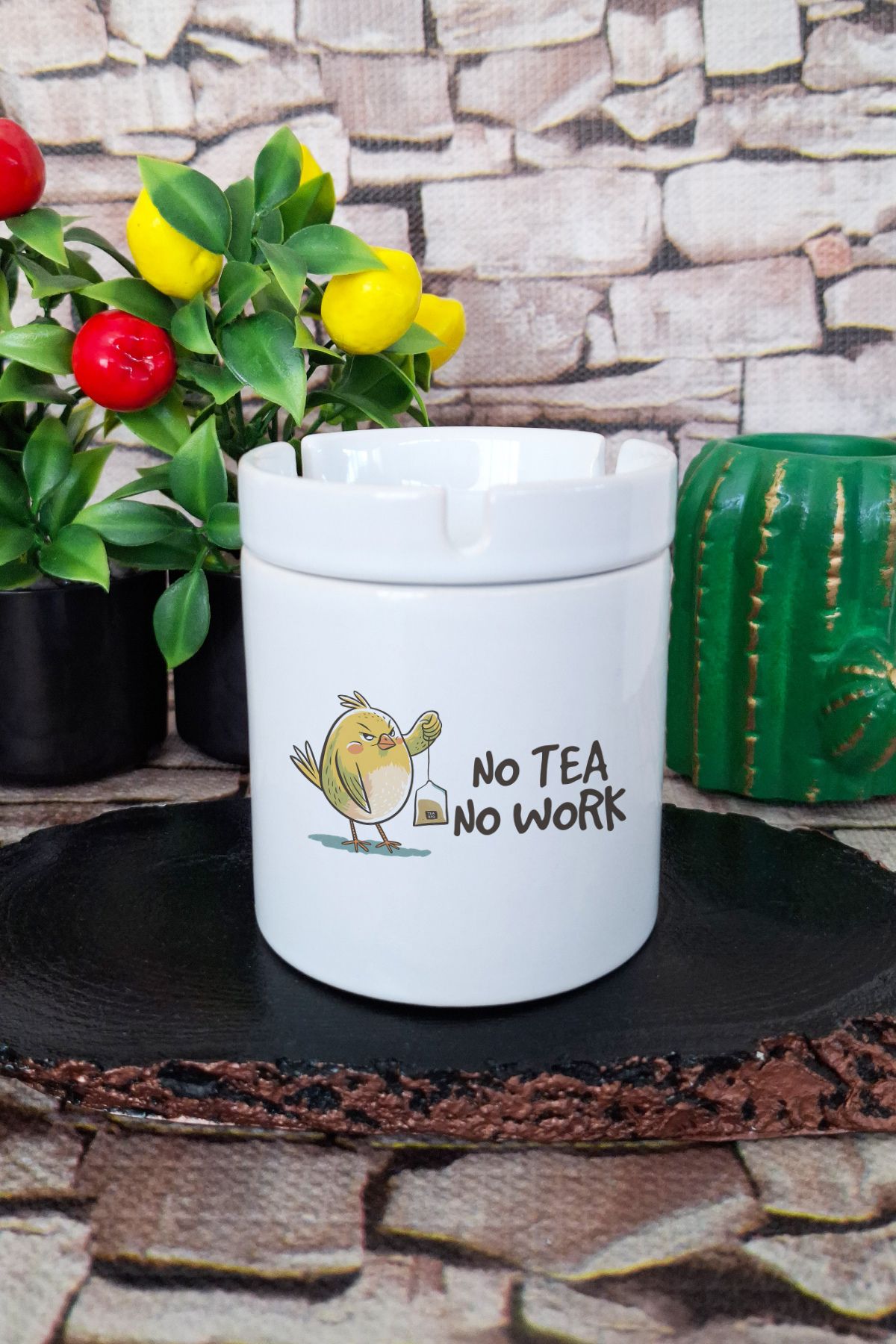 qoeuyl boutique No Tea No Work Eğlenceli Komik Hediyelik Baskılı Seramik Kapaklı Kokusuz Küllük