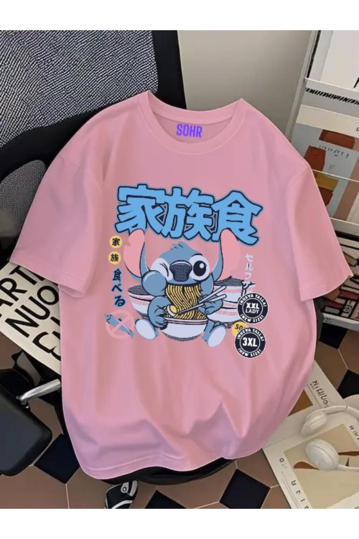 SOHR Unisex Erkek/Kadın Stitch Ramen Renkli Baskılı Oversize Pamuklu T-Shirt