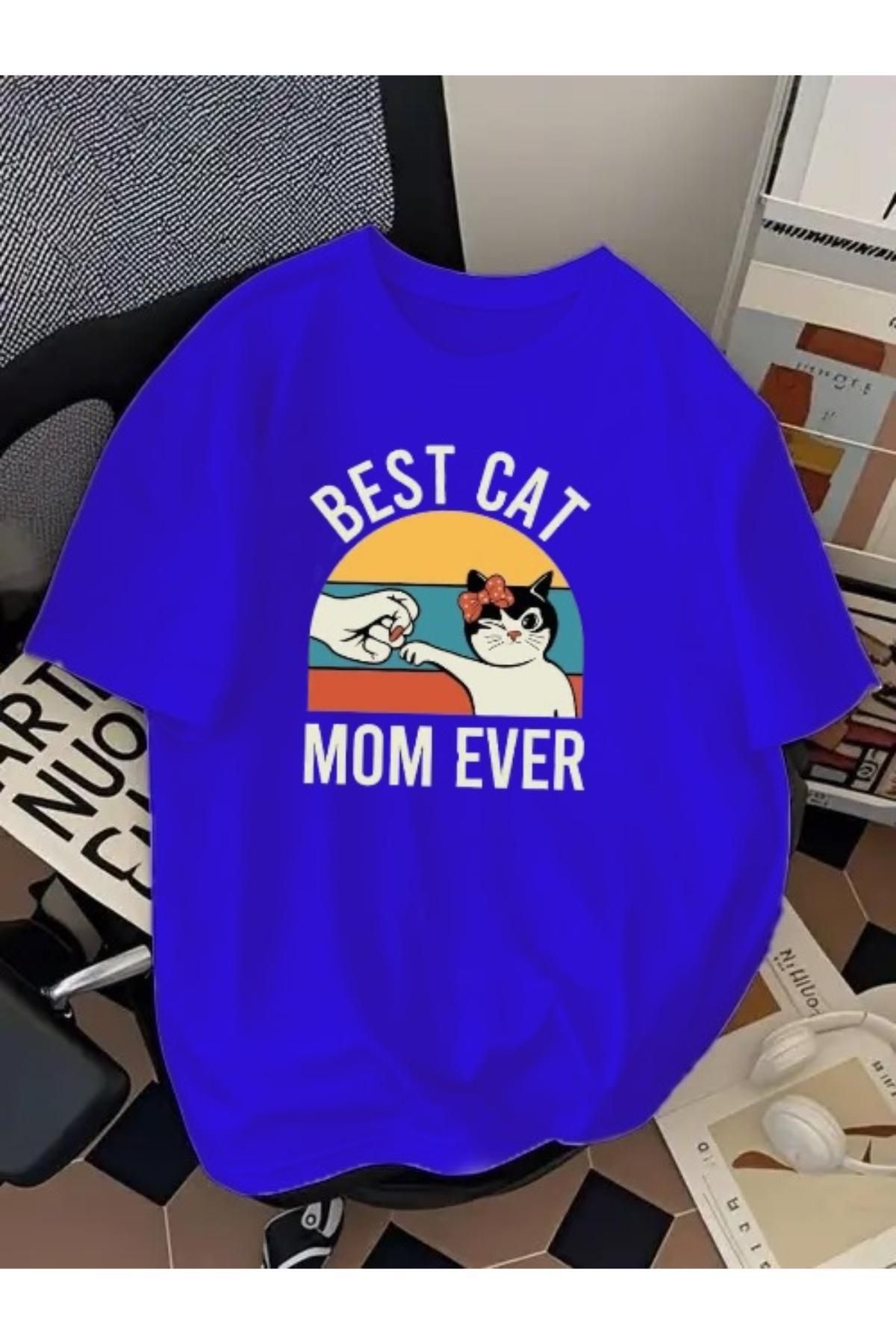 SOHR Unisex Erkek/Kadın Best Mom Cat Ever Renkli Baskılı Oversize Pamuklu T-Shirt