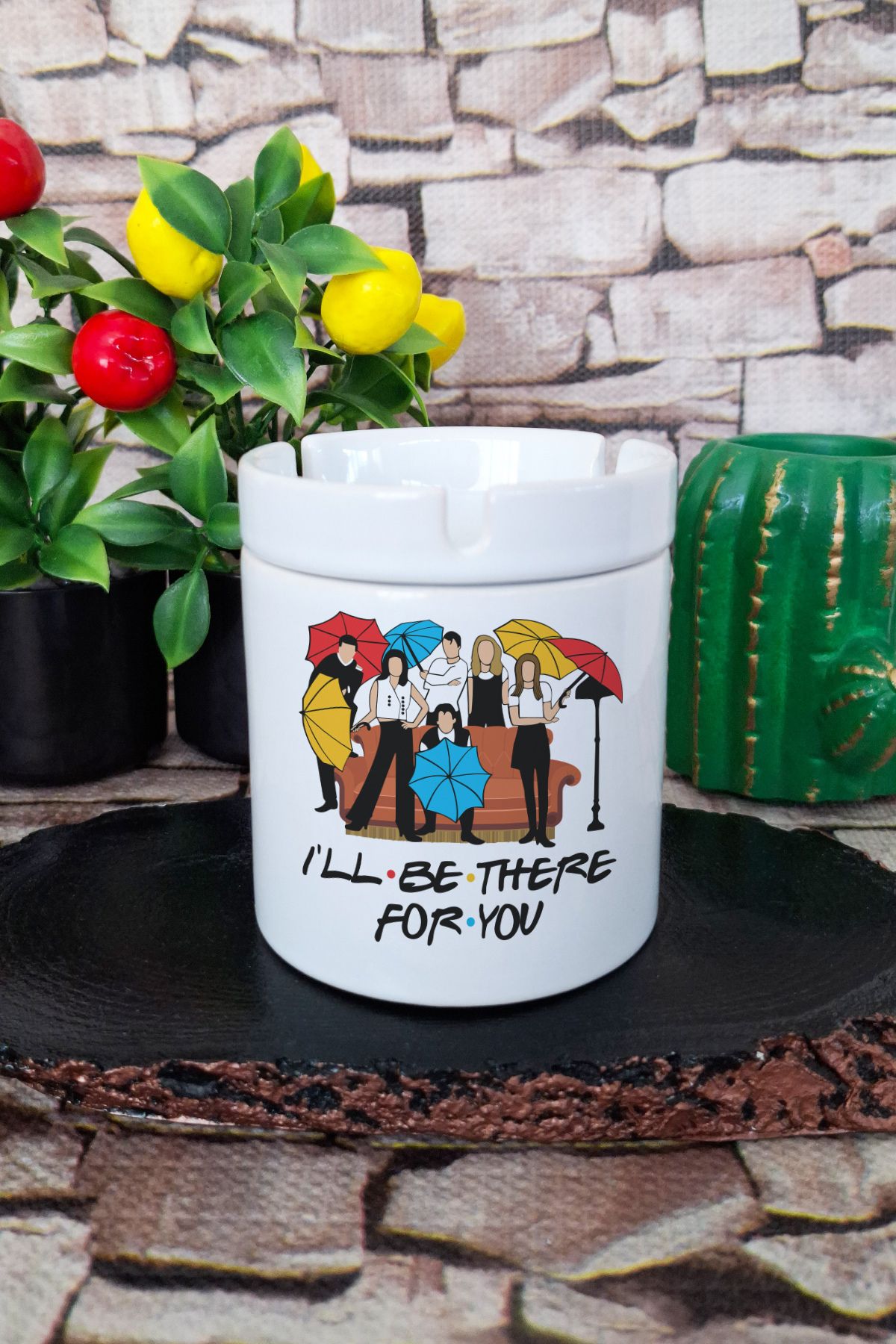 qoeuyl boutique I'll Be There For You Friends Jenerik Umbrella Baskılı Seramik Kapaklı Kokusuz Küllük