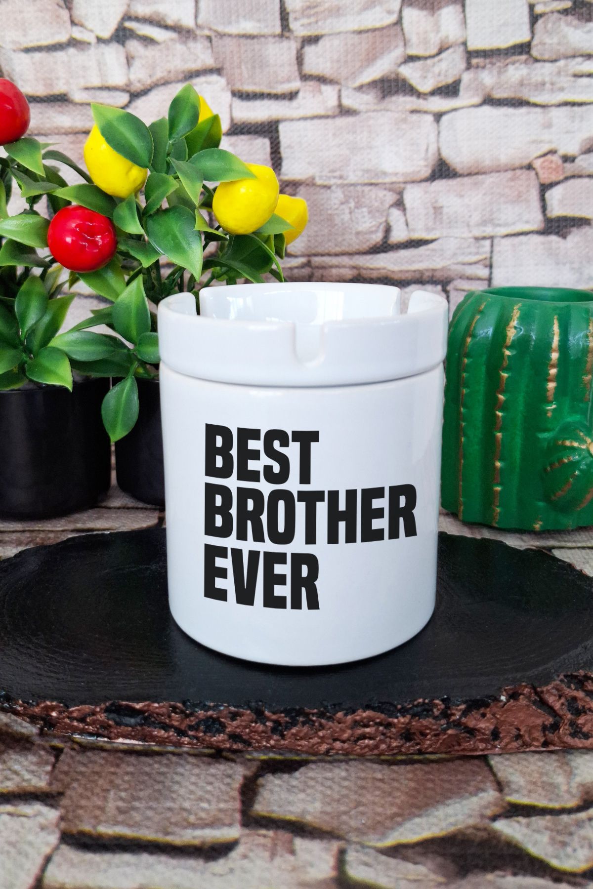 qoeuyl boutique Best Brother Ever Erkek Kardeş Abi Doğum Günü Hediye Baskılı Seramik Kapaklı Kokusuz Küllük
