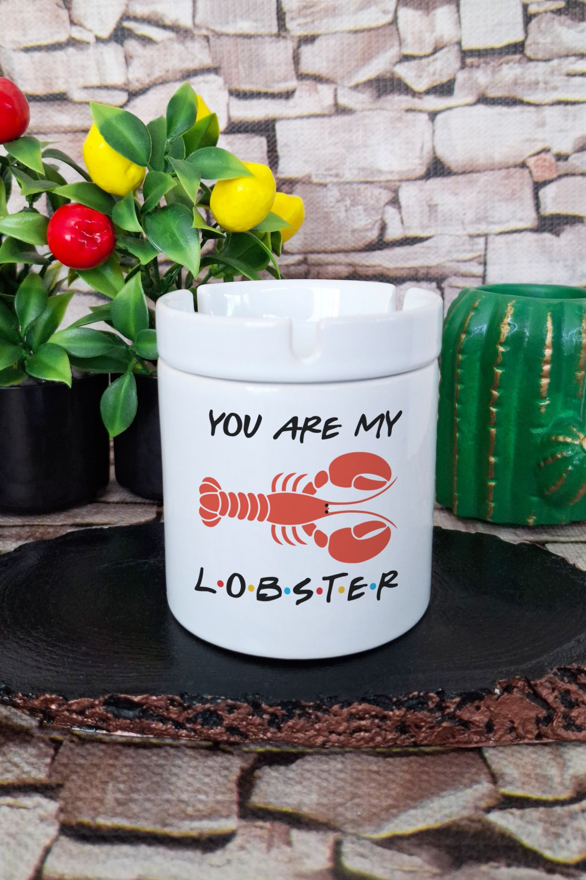 qoeuyl boutique You Are My Lobster Friends Baskılı Seramik Kapaklı Kokusuz Küllük