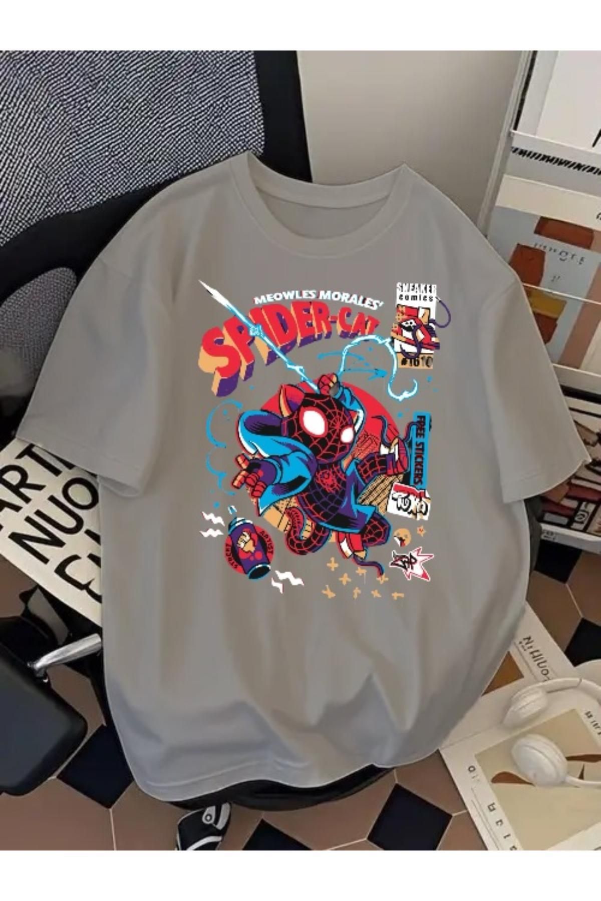 SOHR Unisex Erkek/Kadın Spider Cat Renkli Baskılı Oversize Pamuklu T-Shirt
