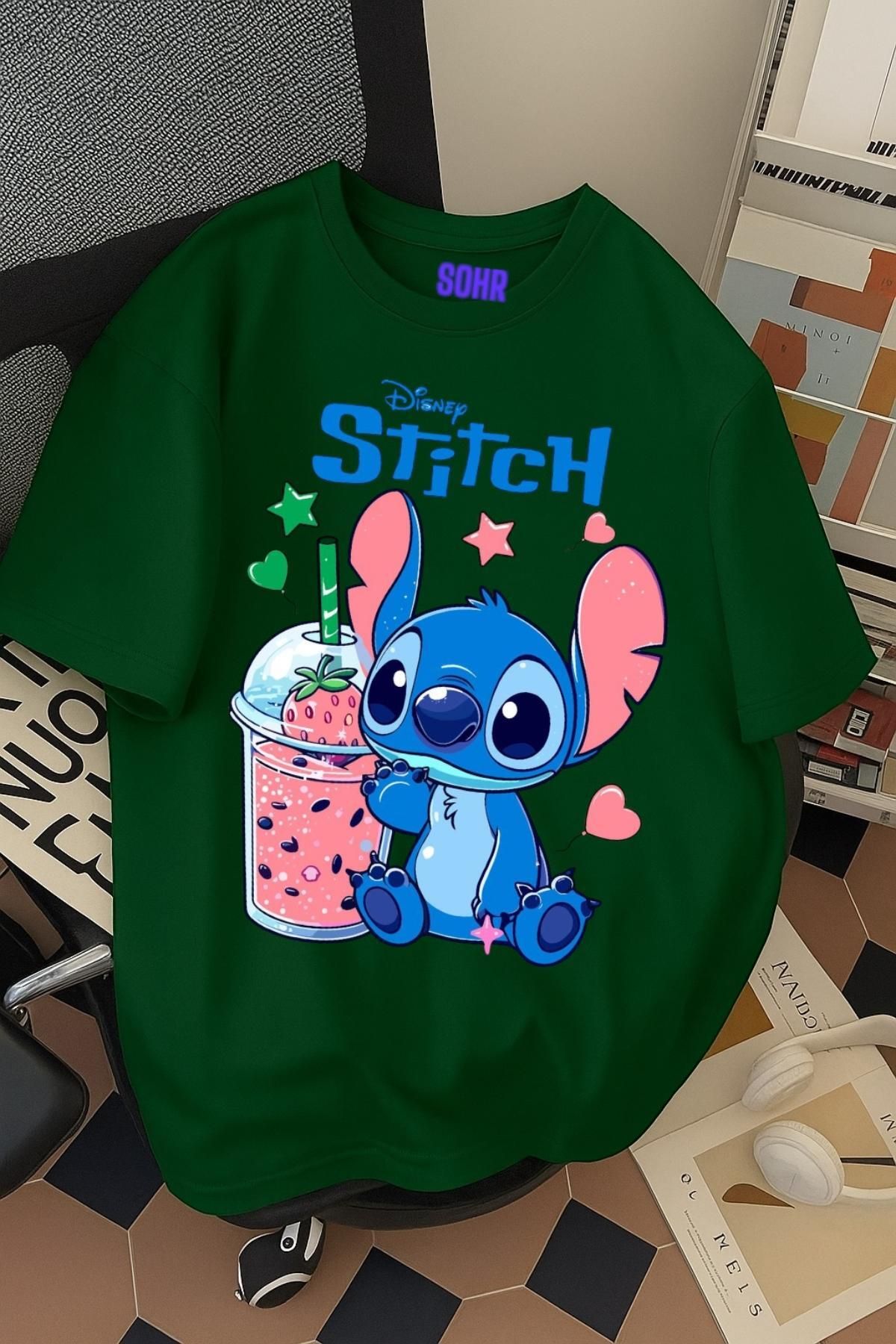 SOHR Unisex Erkek/Kadın Stitch Renkli Baskılı Oversize Pamuklu T-Shirt