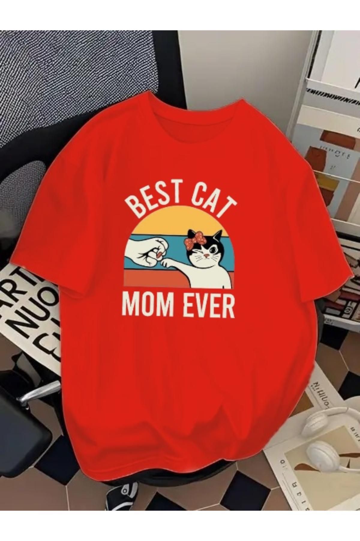 SOHR Unisex Erkek/Kadın Best Mom Cat Ever Renkli Baskılı Oversize Pamuklu T-Shirt