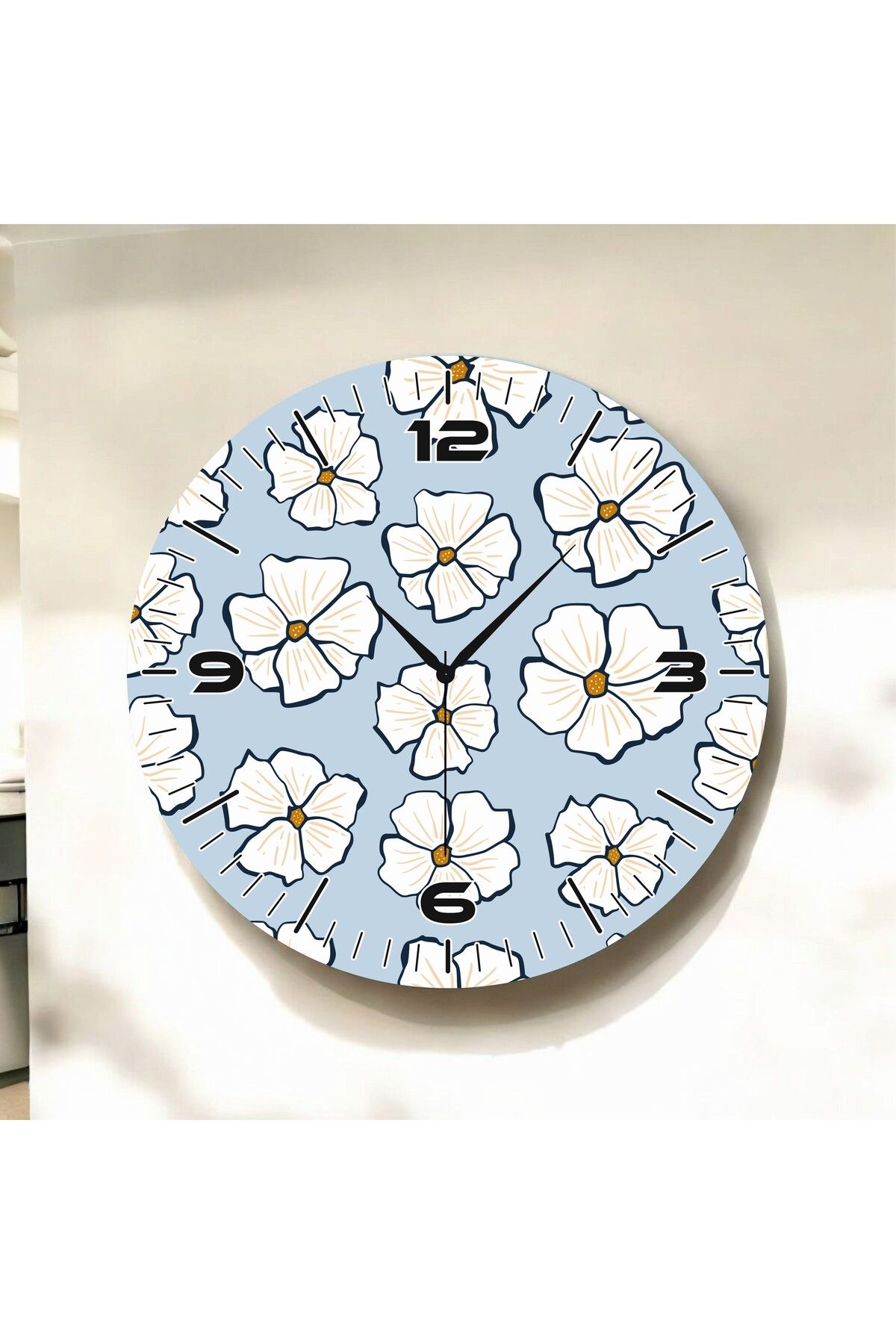 AA Shop Çiçek Temalı Renkli Baskı Papatya Desenli Sayılı Hediyelik Ahşap Sessiz Duvar Saati 50cm