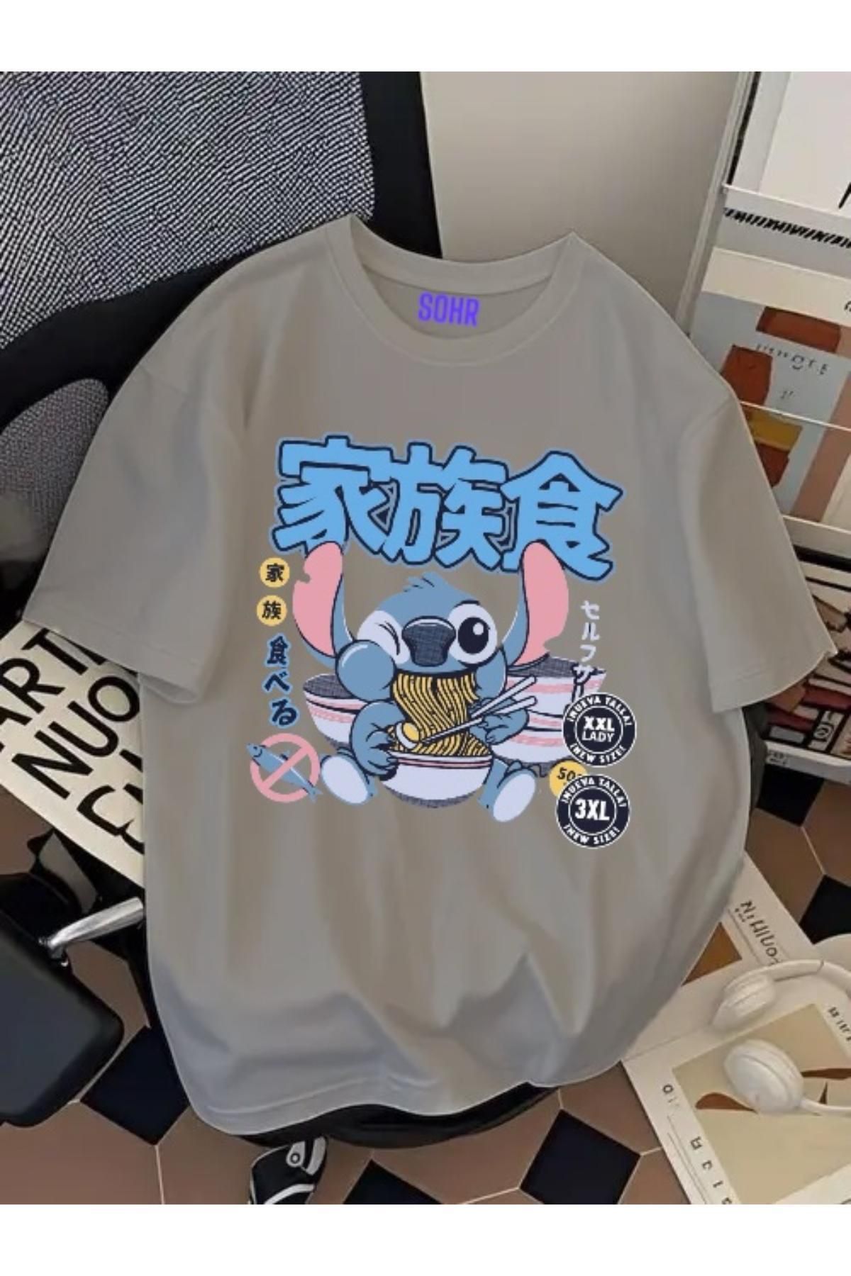 SOHR Unisex Erkek/Kadın Stitch Ramen Renkli Baskılı Oversize Pamuklu T-Shirt
