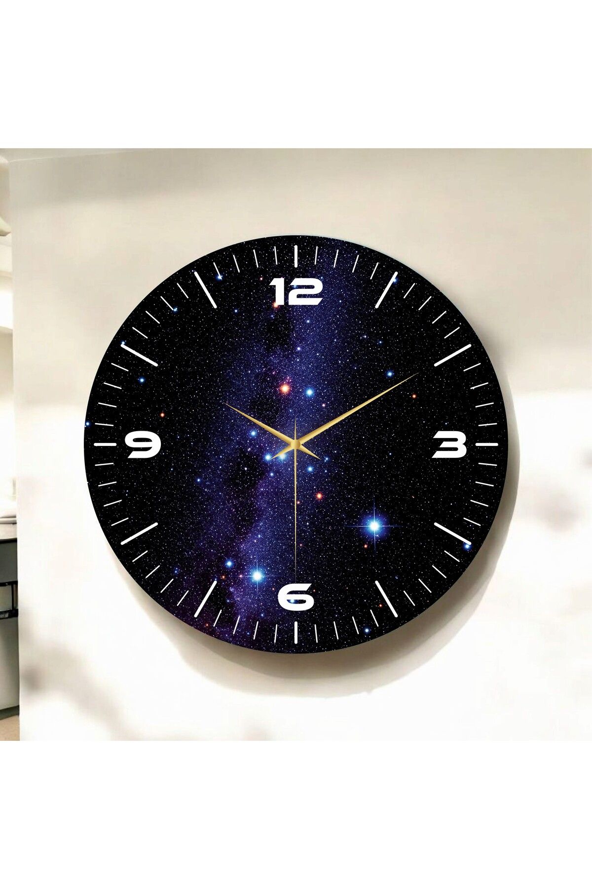 AA Shop Uzay Yıldız Tasarımlı Siyah Renkli Baskı Desenli Sayılı Hediyelik Ahşap Sessiz Duvar Saati 50cm