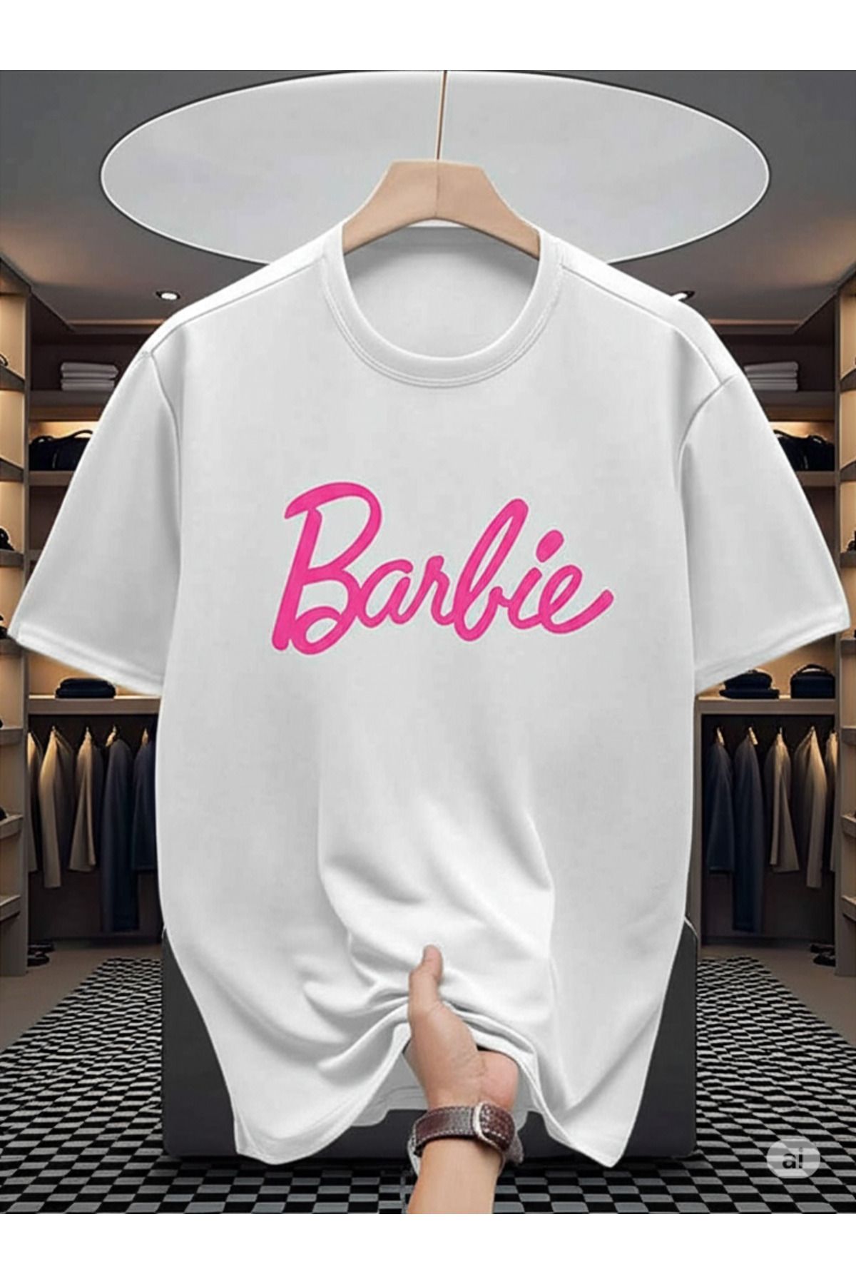 one button unisex erkek/kadın barbie baskılı oversize bisiklet yaka t-shirt