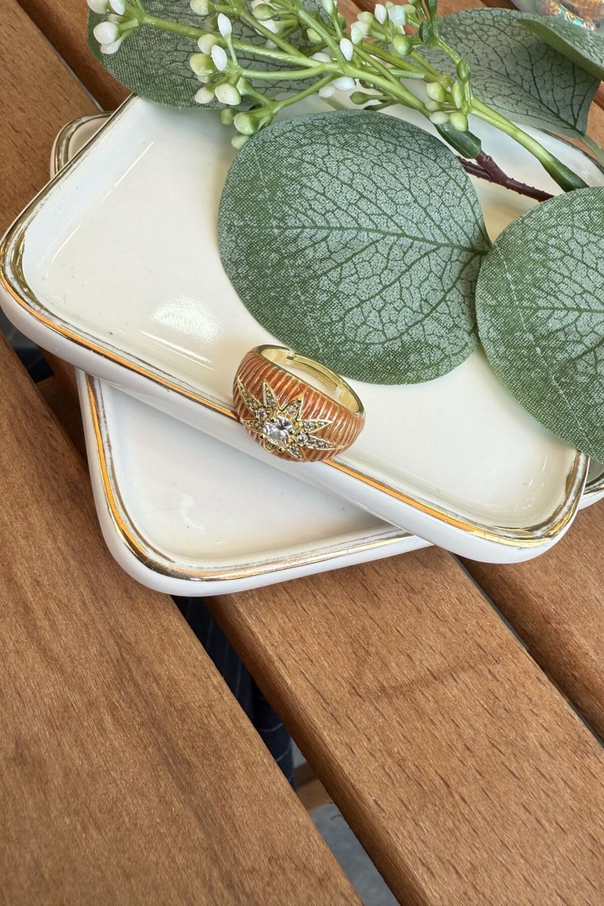 My Joyas Design 14K Altın Kaplama Somon Mineli Victoria Serçe Parmak Yüzüğü