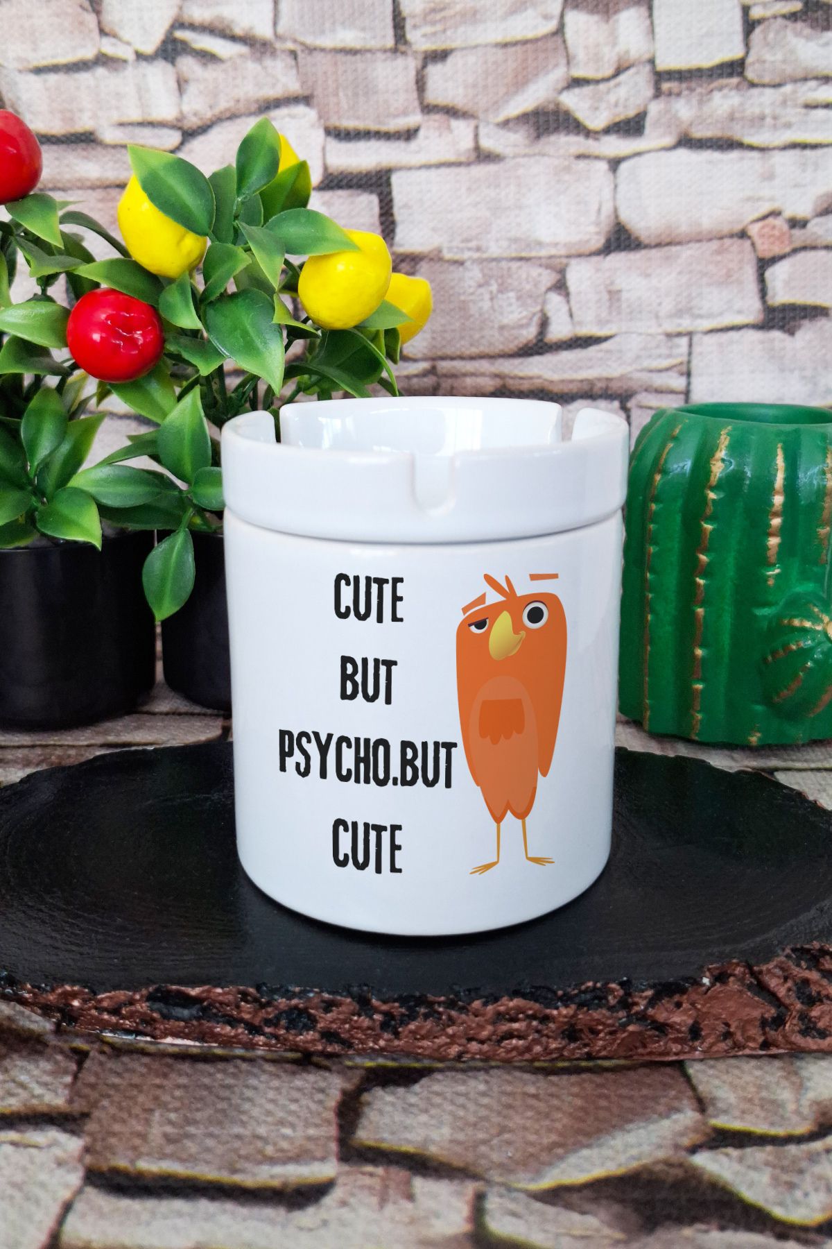 qoeuyl boutique Cute But Psycho But Cute Eğlenceli Hediyelik Baskılı Seramik Kapaklı Kokusuz Küllük