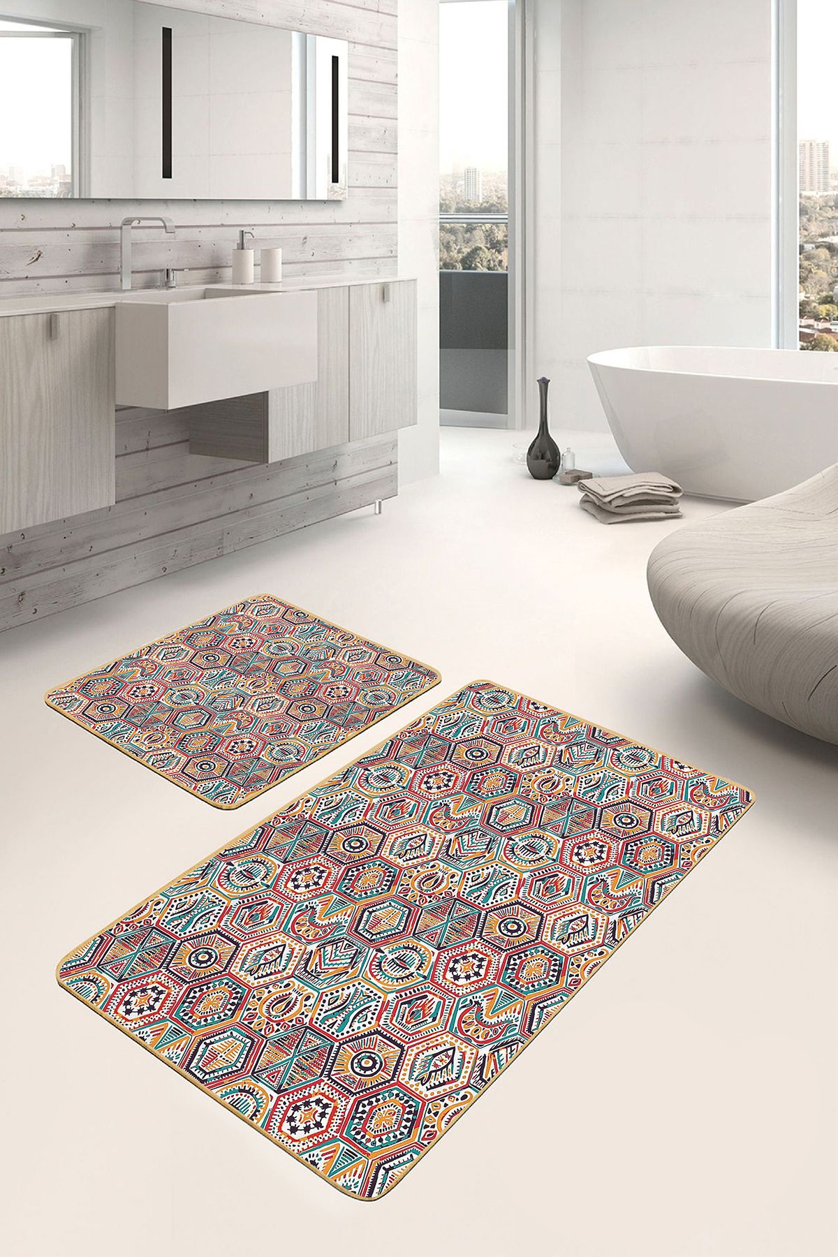 Realhomes Art Deco Motifli Etnik Desenli Geometrik Vintage 2'li Banyo & Mutfak Paspas Takımı