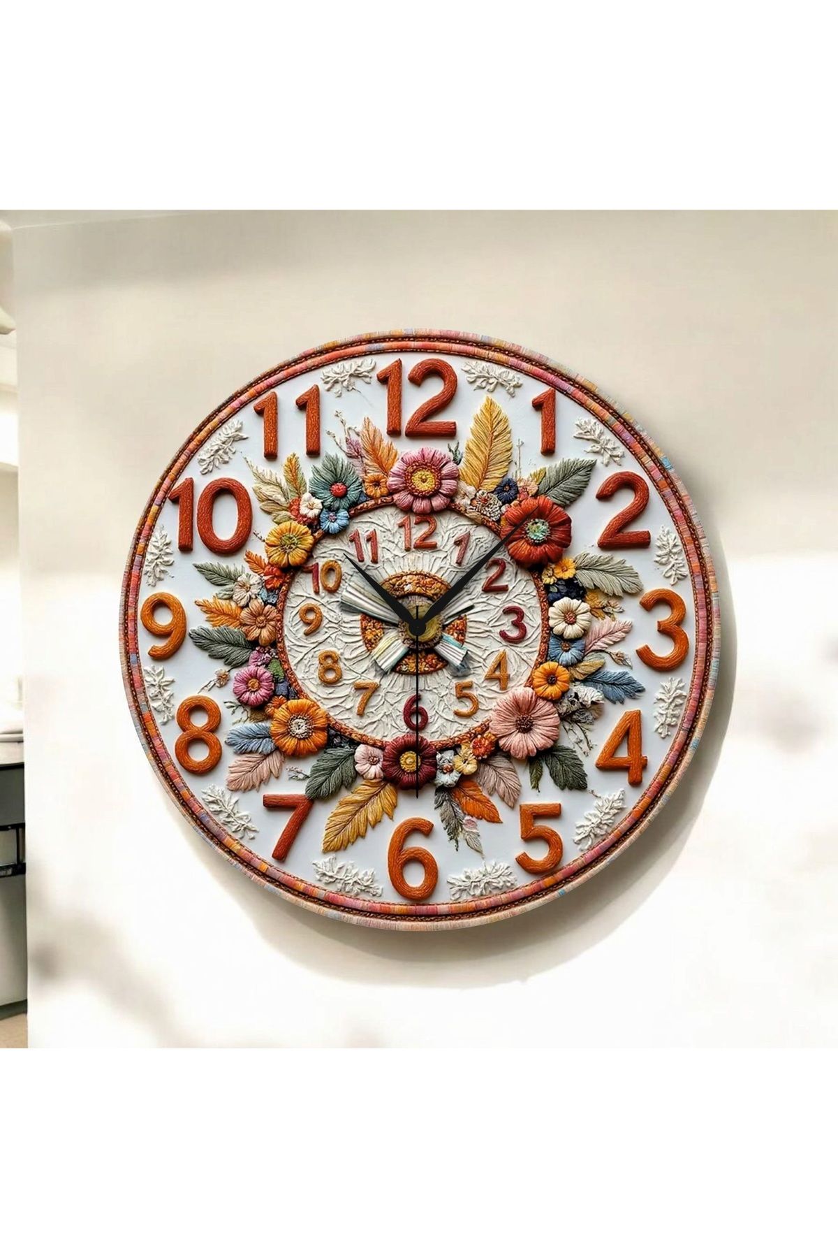 AA Shop Çiçek Kabartma Görünümlü Renkli Baskı Desenli Sayılı Hediyelik Ahşap Sessiz Duvar Saati 50cm
