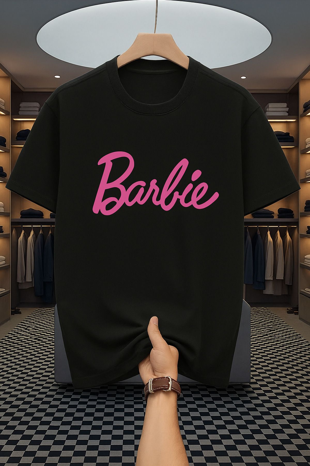 one button unisex erkek/kadın barbie baskılı oversize bisiklet yaka t-shirt