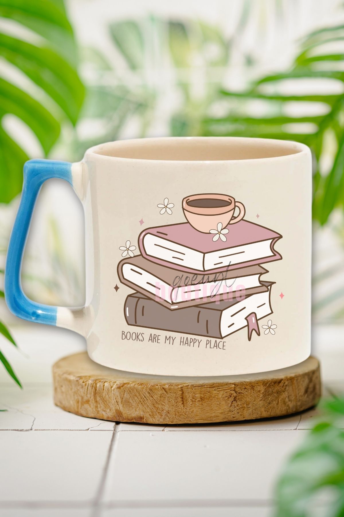 qoeuyl boutique Books Are My Happy Place Yazılı Kitap Sever Mutluluğu Hediyelik Kulplu Kupa Bardak