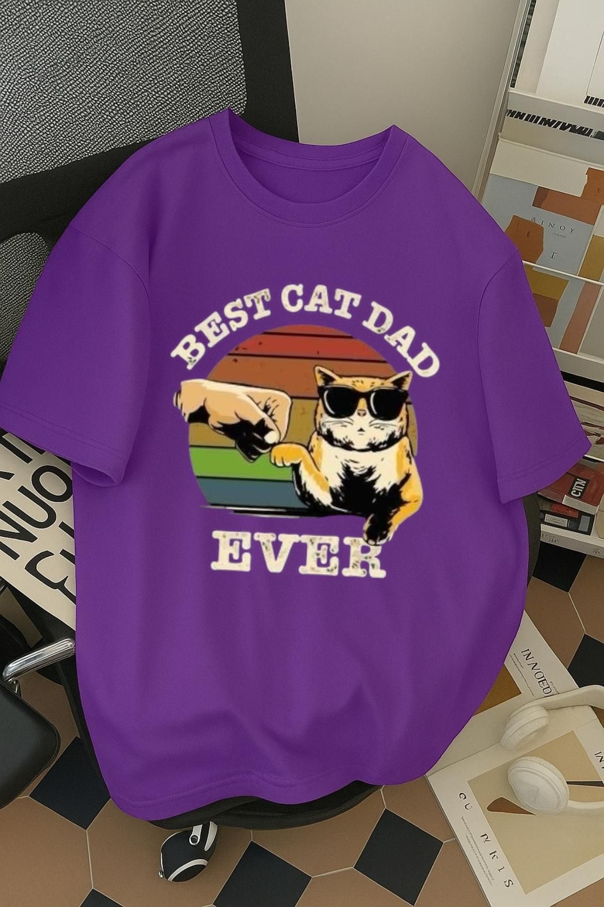 SOHR Unisex Erkek/Kadın Best Cat Dad Kedi Renkli Baskılı Oversize Pamuklu T-Shirt