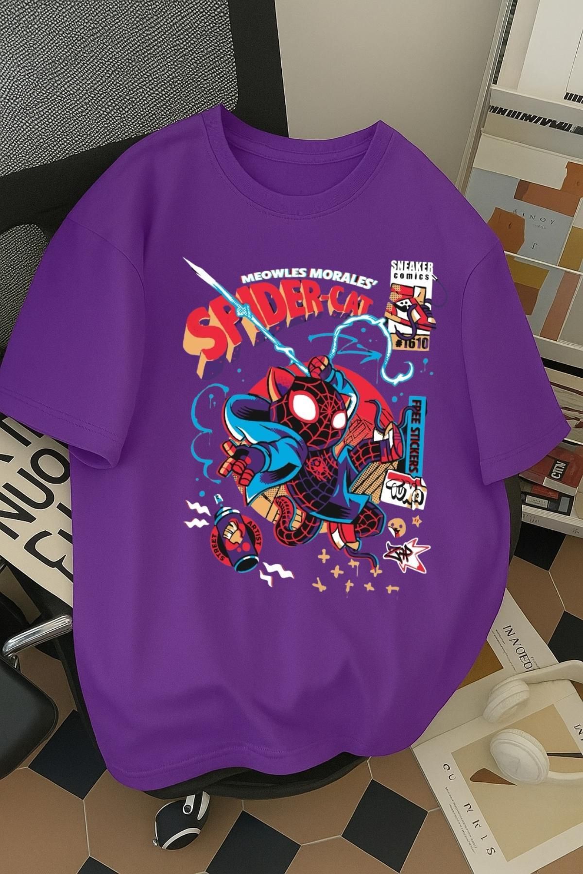 SOHR Unisex Erkek/Kadın Spider Cat Renkli Baskılı Oversize Pamuklu T-Shirt