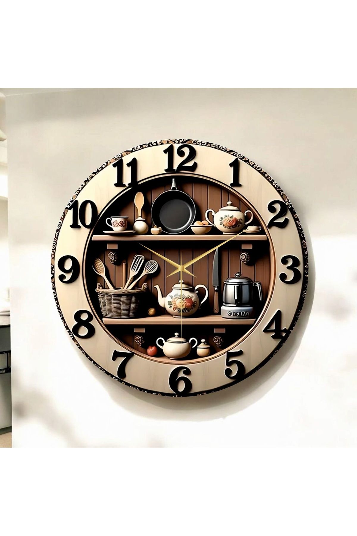 AA Shop Mutfak Rafı Kabartma Görünümlü Renkli Baskı Desenli Sayılı Hediyelik Ahşap Sessiz Duvar Saati 50cm