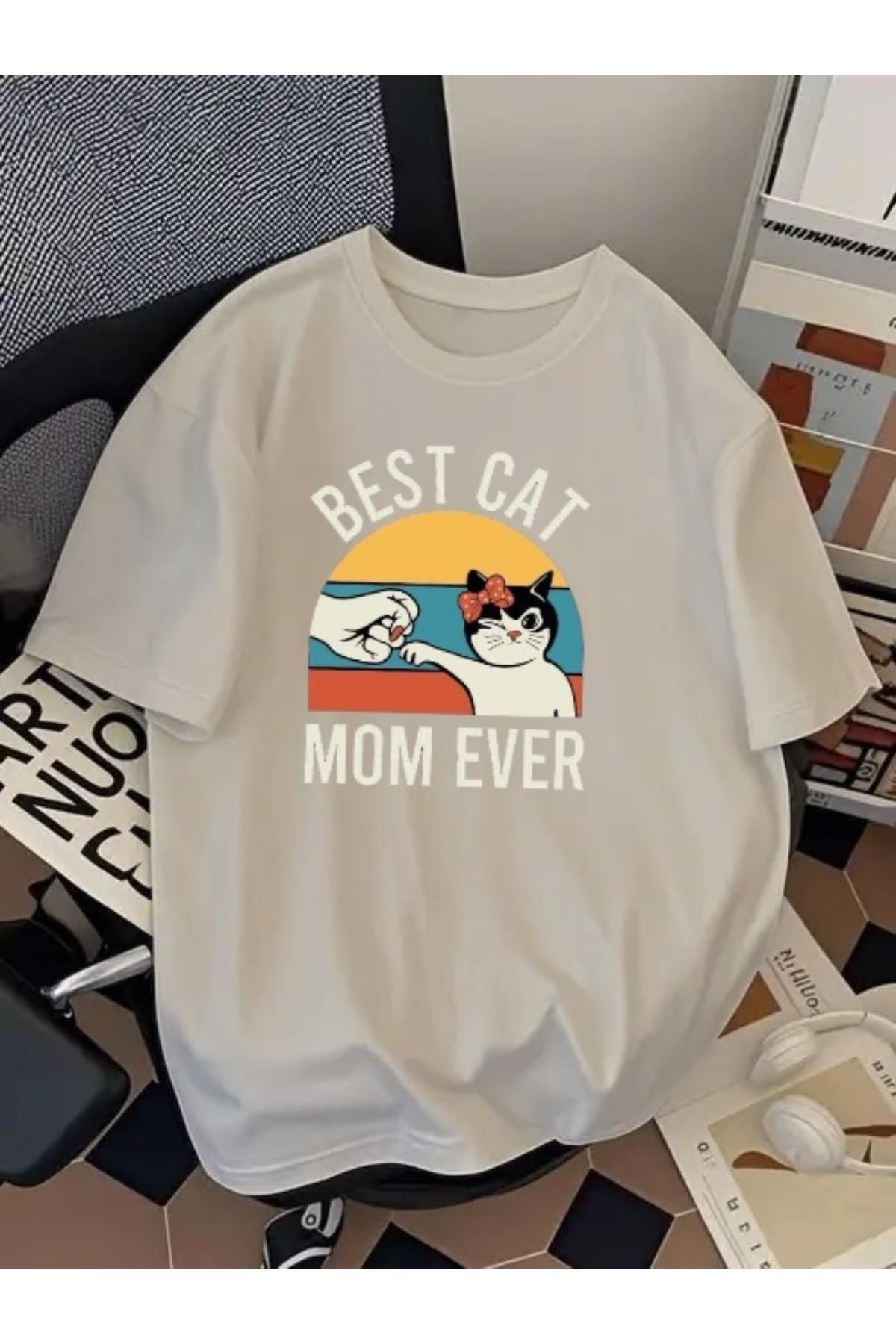 SOHR Unisex Erkek/Kadın Best Mom Cat Ever Renkli Baskılı Oversize Pamuklu T-Shirt